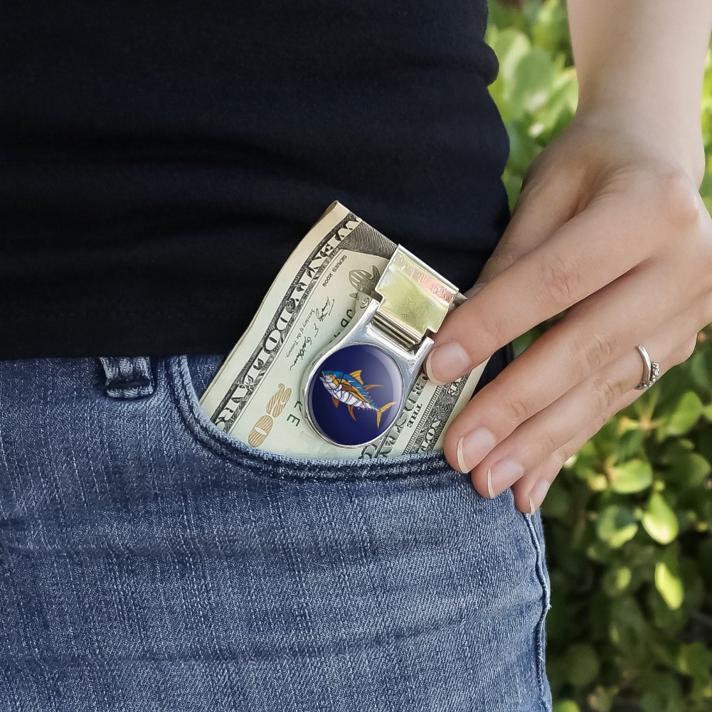 Tuna Fish Design Satin Chrome Plated Metal Money Clip - Premium Gift for Fishermen & Seafood Lovers - Perfect for Cash, Credit Cards & ID Organization