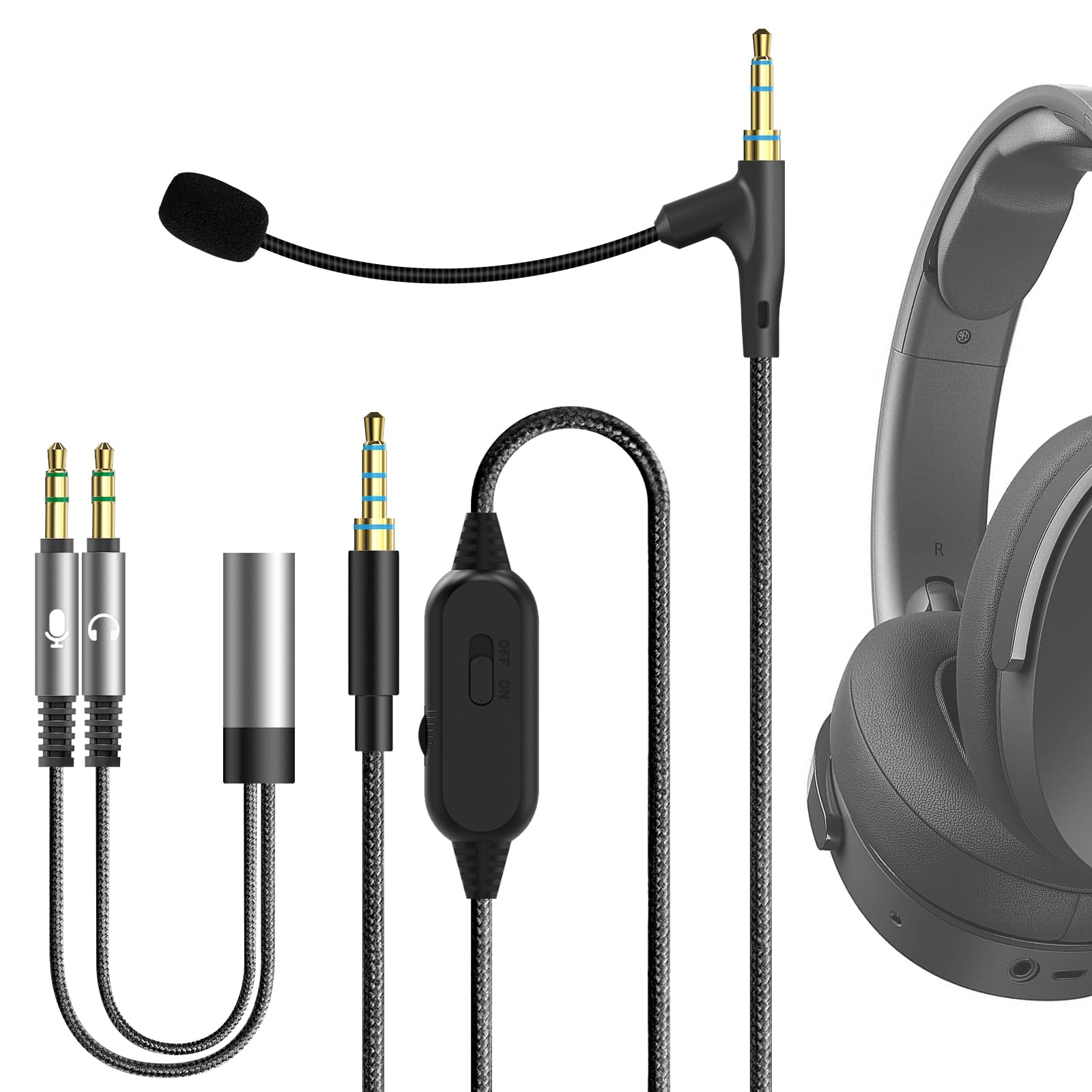 Geekria 5.6ft Nylon Braided Boom Mic Headphone Cable with Volume/Mute Control - Compatible with Skullcandy, Soundcore, Beats 3.5mm Jack - Perfect for Gaming Headsets, Online Meetings & PC Communication