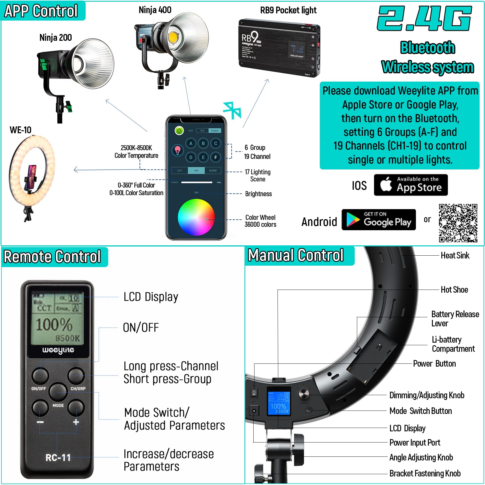 **Weeylite 18-inch RGB Ring Light with Stand & Phone Holder - Dimmable 2500K–8500K, CRI 95+ LED Selfie Light for TikTok, Live Streaming, Makeup, YouTube Videos & Photography - App Control & Remote Included**    *(Perfect for content creators, vloggers, makeup artists, and influencers enhancing lighting for professional-quality videos, photos, and live streams.)*
