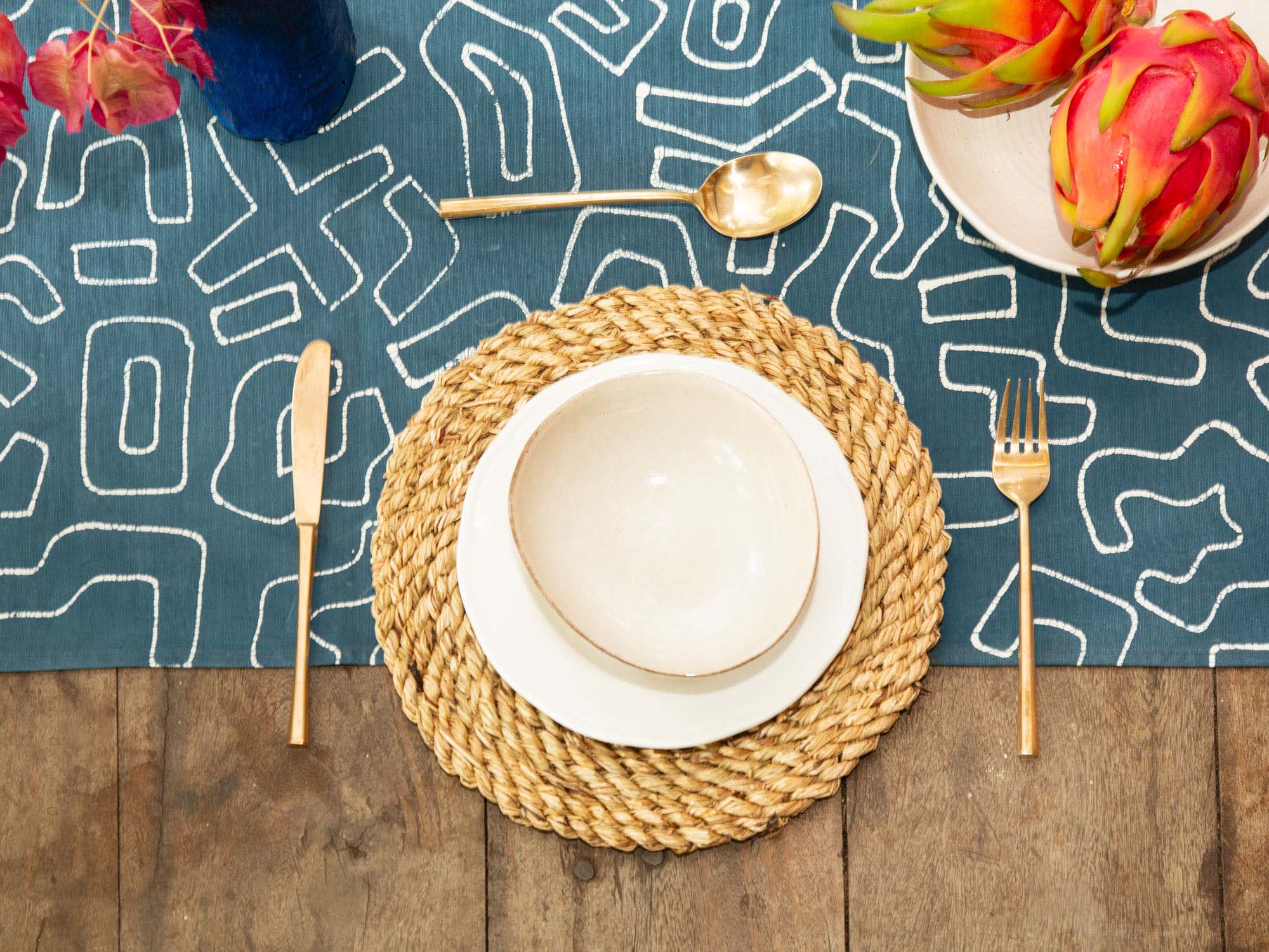 Kuba Blues Outline Teal Table Runner - Handmade Boho Cotton Tablecloth for Dining Room Decor, Wedding & Holiday Table Setting