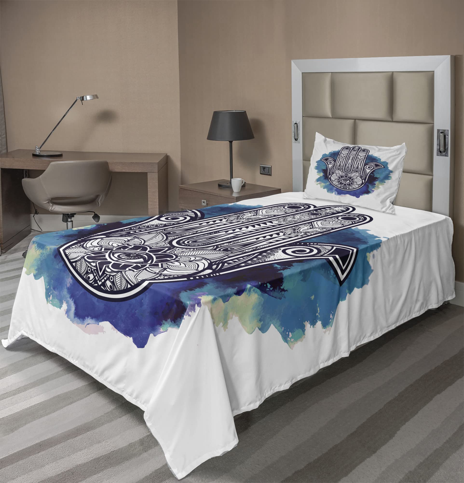 Ambesonne Evil Eye Sheet Set - 3 Piece Twin Size with Hamsa Watercolor Brushstrokes & Floral Design in Pale & Dark Blue | Bedroom Decor & Spiritual Protection