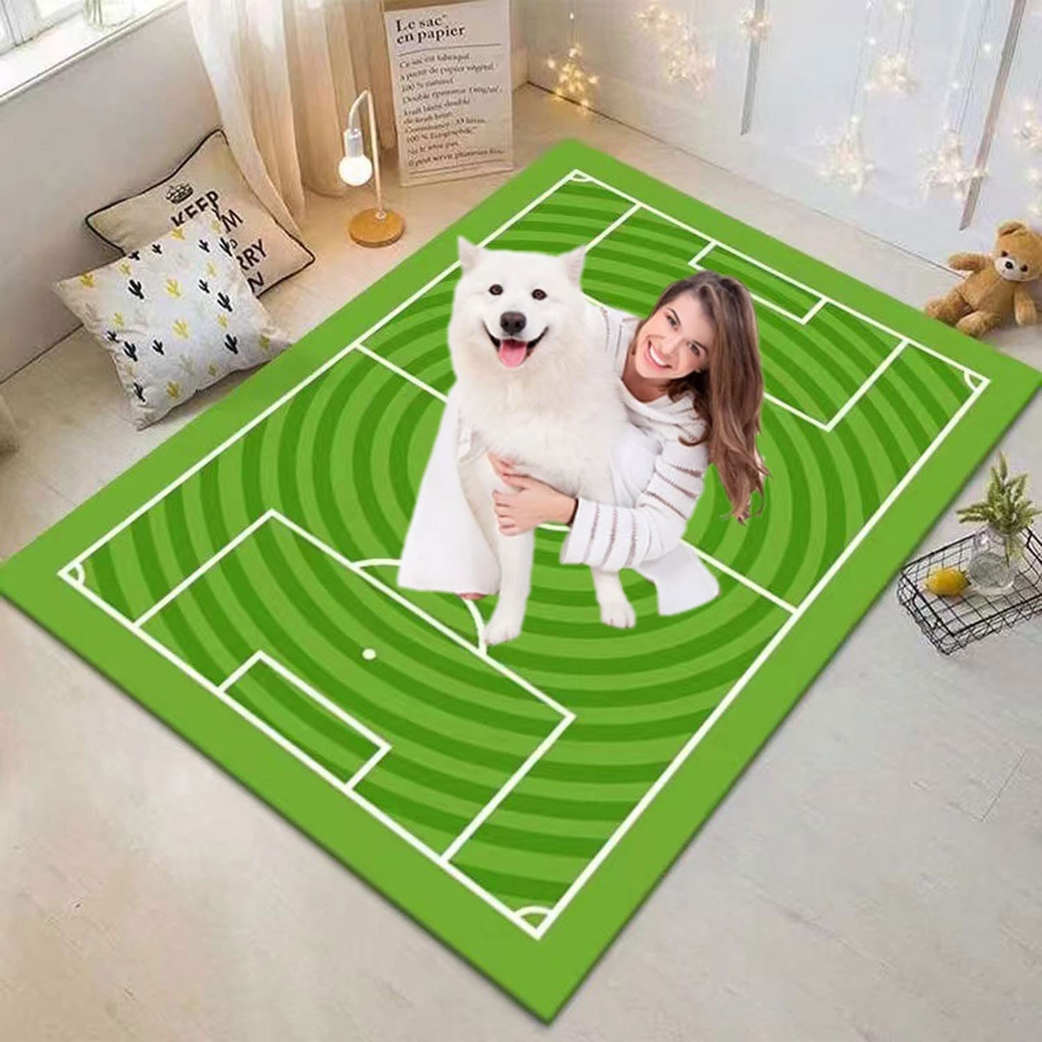 5x8 Kids Soccer Football Field Rug - Non-Slip Playmat for Boys & Girls Bedroom, Sports Room & Living Room - Green Sports Themed Area Carpet for Children's Play Area & Game Room Decor