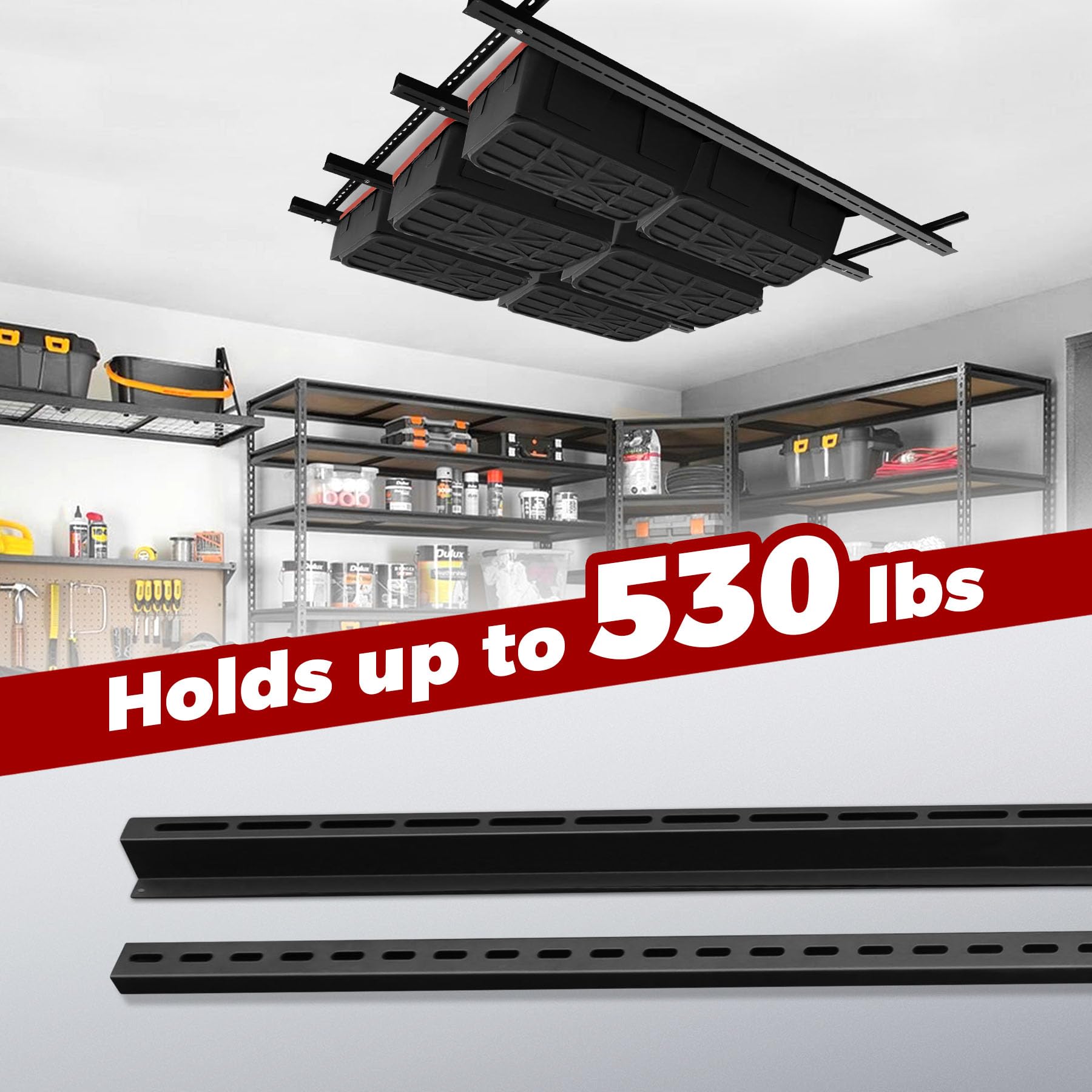 Heavy Duty Overhead Garage Storage Rack System - Adjustable Ceiling Mounted Tote Organizer with Slide Rails, Supports 15 Bins (4 Sets) - Perfect for Garage Organization, Home Storage & Clutter Control