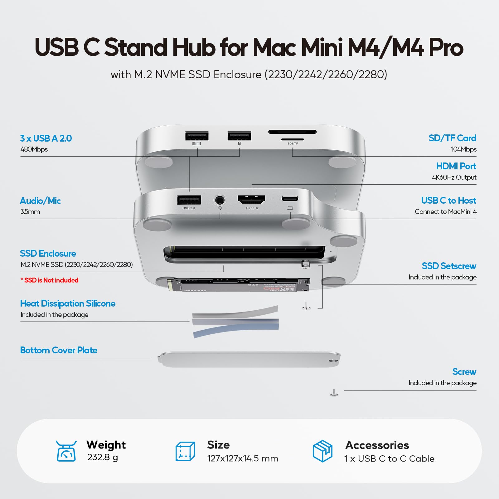 Mac Mini M4 Hub Stand with 4TB M.2 SSD Enclosure (SSD Not Included) - Mac Mini M4/M4 Pro Dock with HDMI 4K 60Hz, USB C Hub for 2024 Mac Mini - 3 USB A 2.0 Ports, SD/TF Card Reader, 3.5mm Audio Jack - Perfect for Home Office, Gaming & Media Center Setup