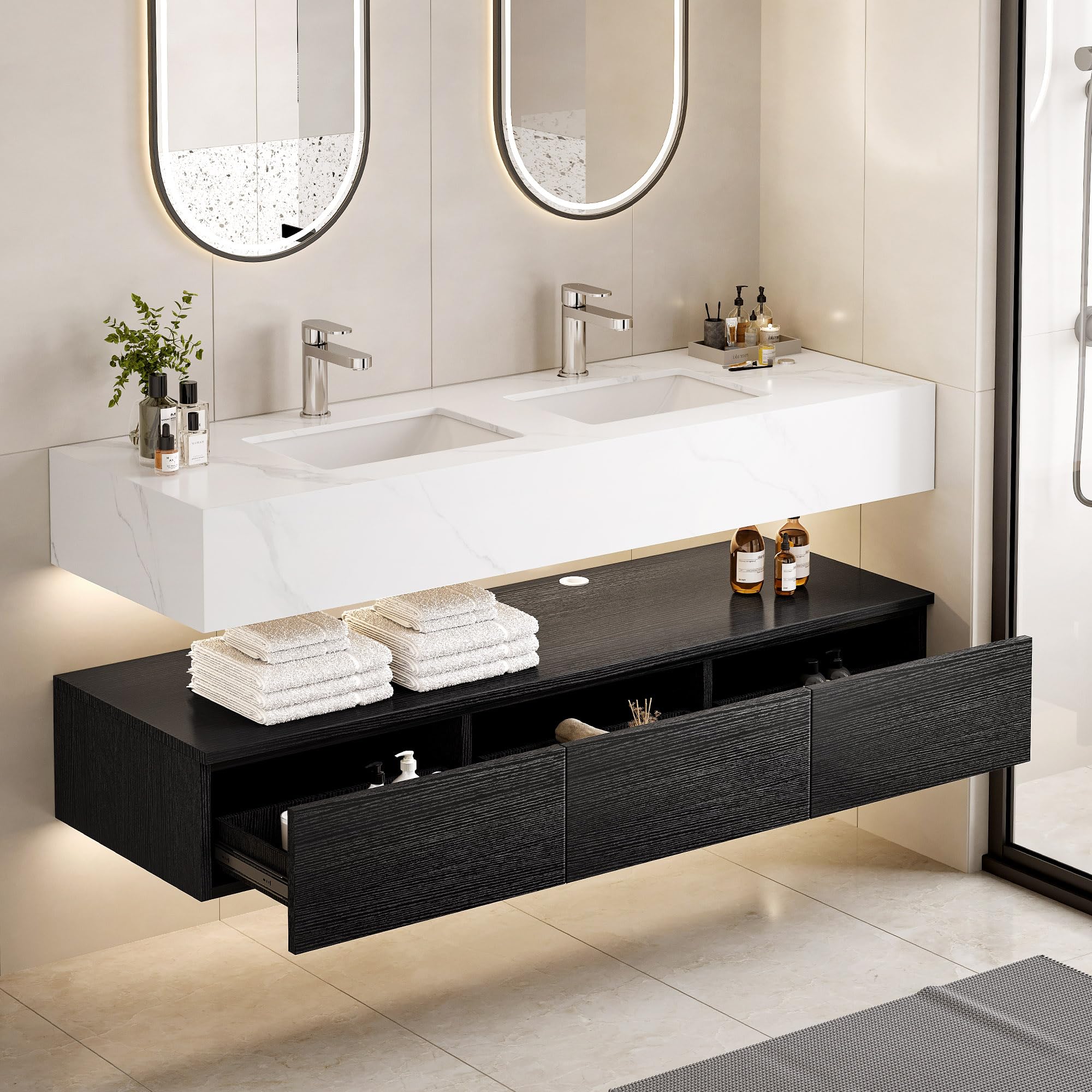 DWVO 60 Inch Floating Bathroom Vanity with Double Sinks - Wall Mounted Storage Cabinet with Sintered Stone Countertop, Ceramic Basin & 3 Drawers - Modern Black Vanity for Master Bathroom, Powder Room or Guest Bath
