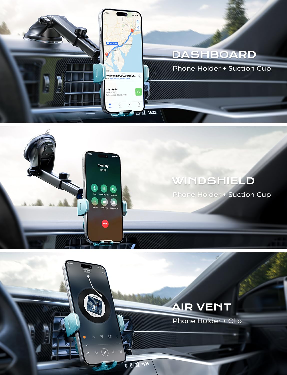 15W Fast Wireless Car Charger with Auto Clamping - Compatible with iPhone 16/15/14/13/12 Pro Max/11/XR/XS & Samsung Galaxy S25 Ultra/S24/S23/S22 - Dark Teal Phone Mount Holder for Safe Driving & Hands-Free Charging