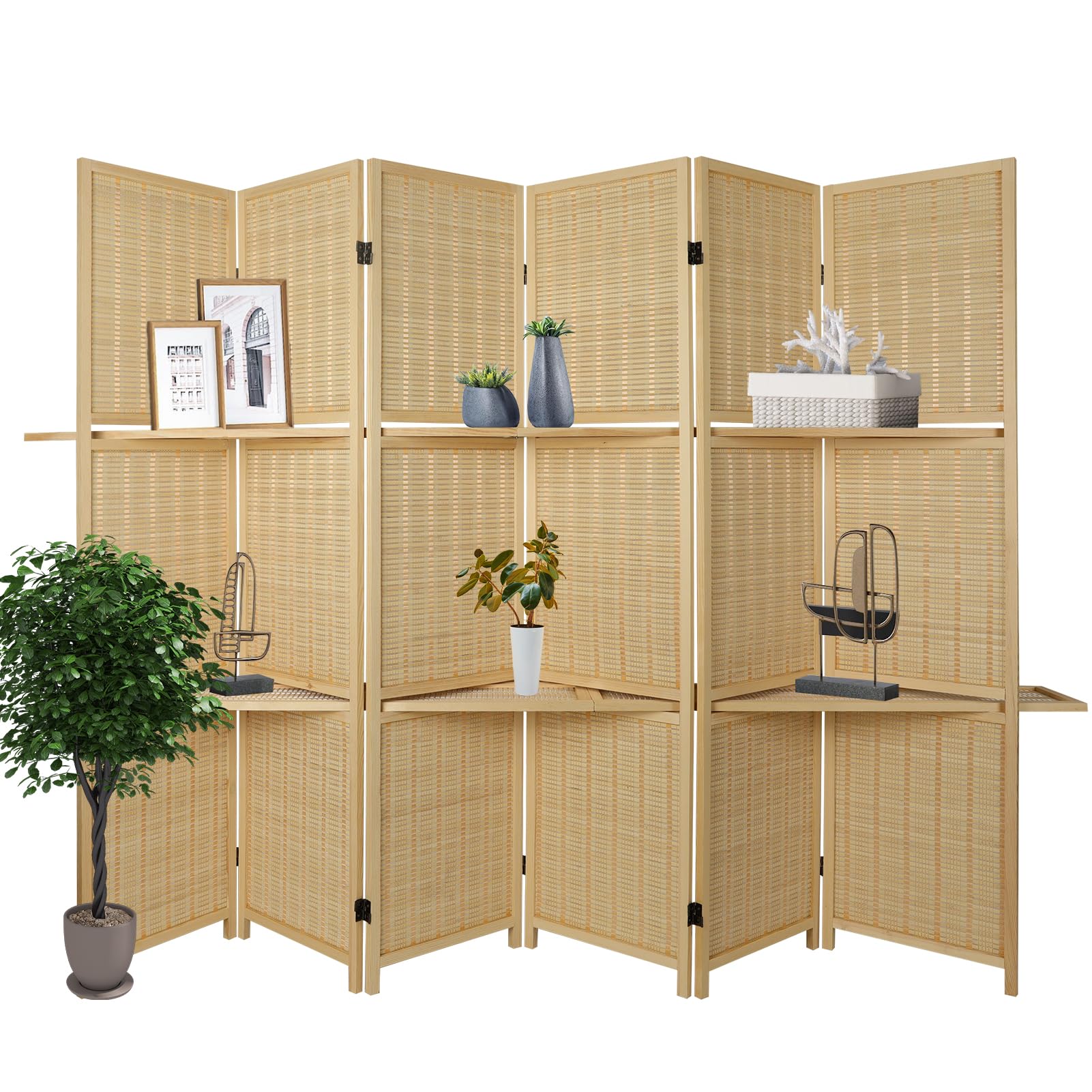 ECOMEX 6 Panel Bamboo Room Divider with Shelves - Foldable Privacy Screen for Home, Office, Studio Apartment & Garage - Natural Wood Partition for Space Organization & Decoration