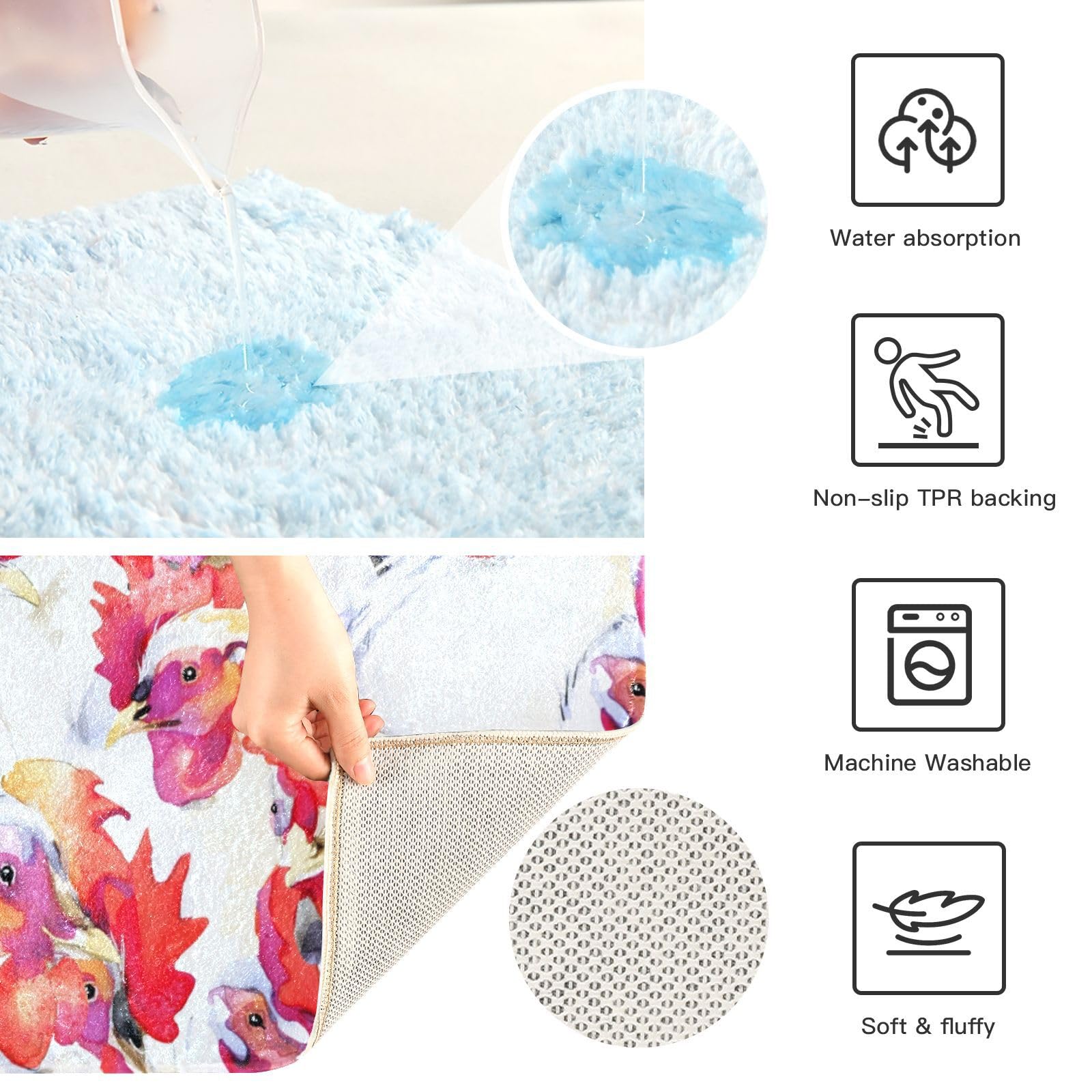 Non-Slip Chicken Rooster Bath Mat Set - Farmhouse Style for Bathroom & Bedroom