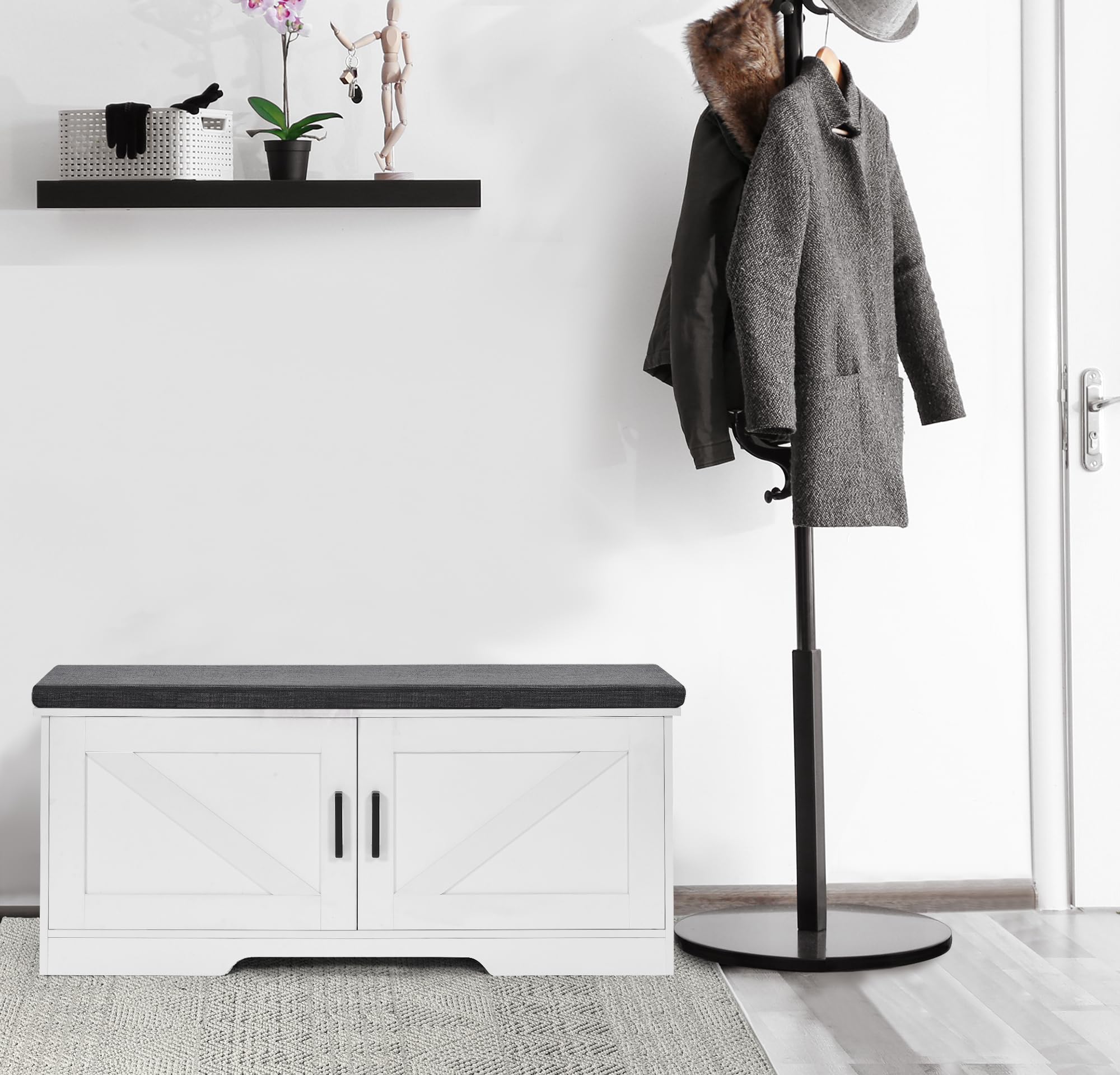 2-Tier Storage Bench with Padded Seat Cushion - Entryway Shoe Bench with Adjustable Shelf & 2 Barn Doors - 13.8