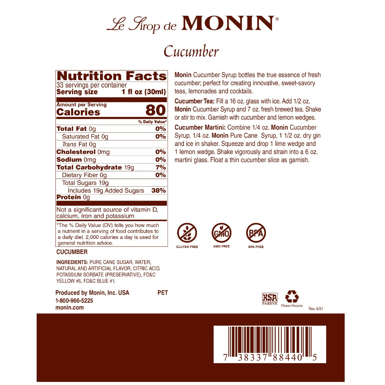 Monin Cucumber Syrup - Premium Cocktail Mixer for Refreshing Drinks, Mocktails & Desserts | Perfect for Home Bars, Coffee Shops & Party Mixology