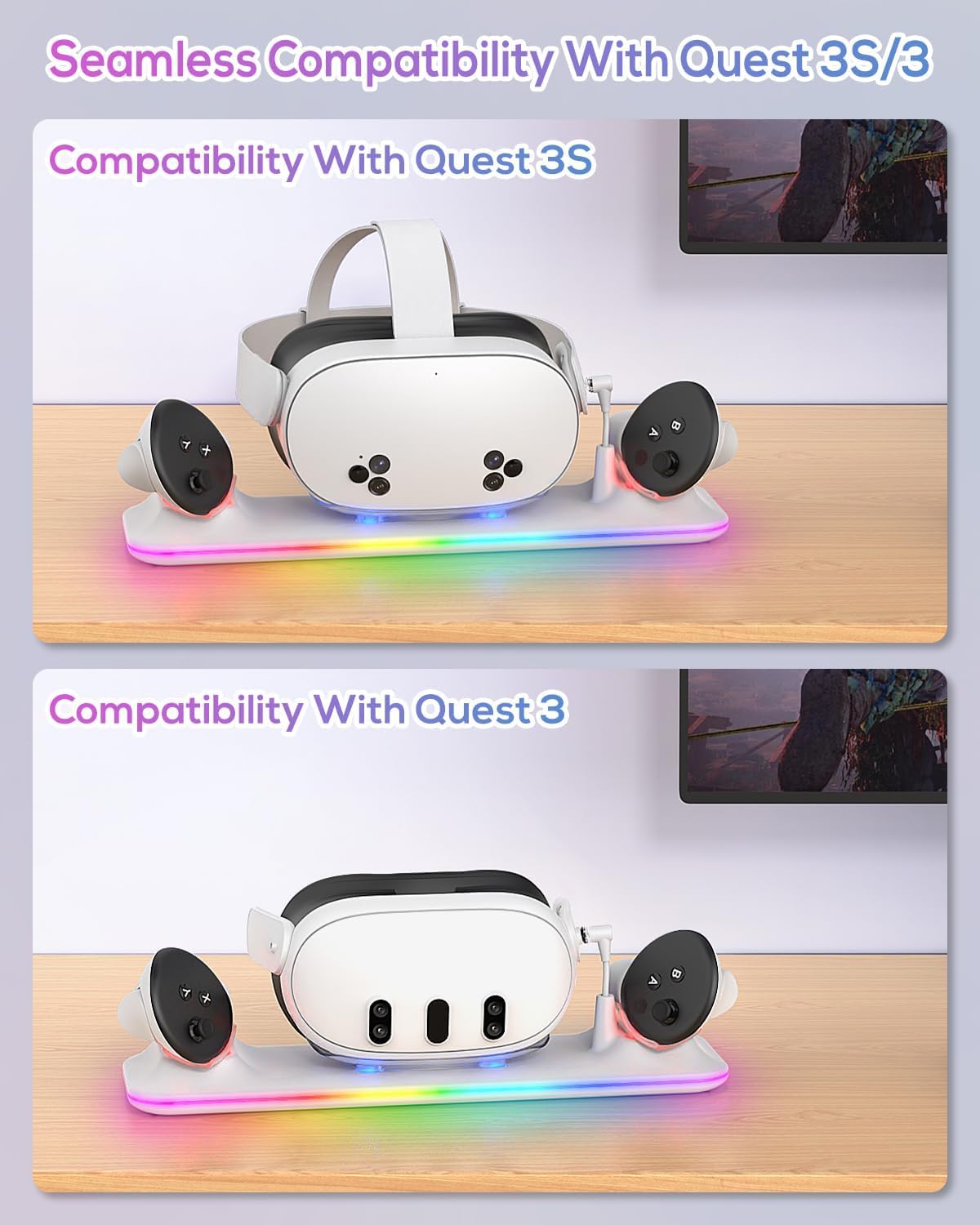 Meta Quest 3S/Quest 3 Fast Charging Dock with RGB Lights - Magnetic Charging Station for Oculus Headset & Controllers (Includes 2 Rechargeable Batteries) | Perfect for VR Gaming Setup & Home Entertainment