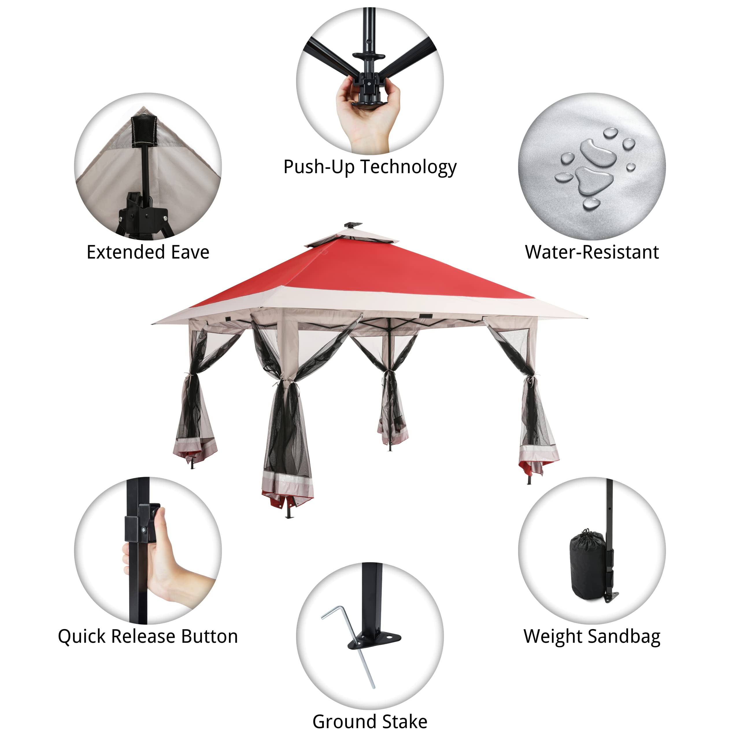 12x12 Instant Pop Up Gazebo with Solar LED Lights & 4 Zippered Screens - Waterproof Polyester Canopy & Powder Coated Steel Frame for Patio, Backyard, Camping, and Outdoor Events (Red)