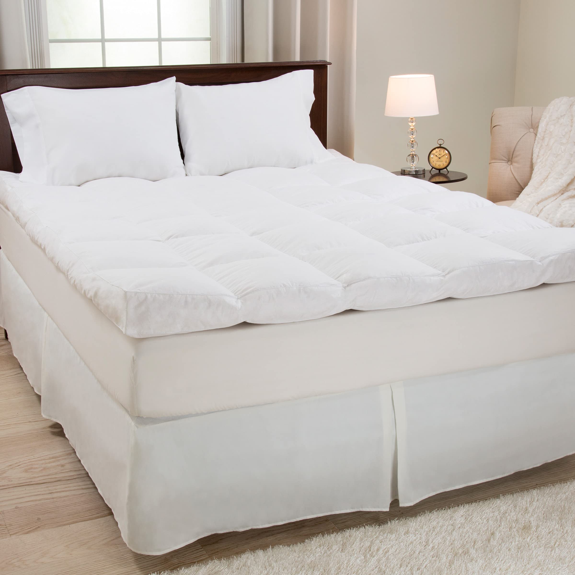 Lavish Home 4-Inch Queen Pillow Top Mattress Topper - Plush & Supportive Baffle Box Down Featherbed with Duck Feathers & Cotton Cover (White) | Perfect for Back Pain Relief, Guest Beds & Luxury Hotel-Style Comfort