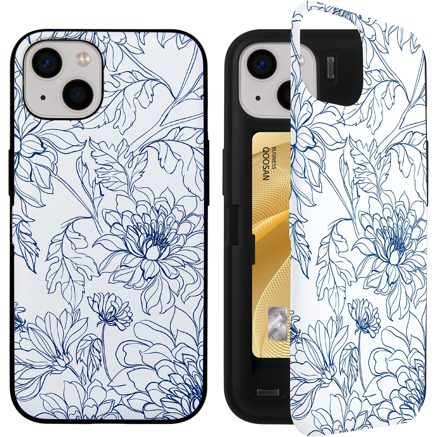 Qoosan Slim Protective iPhone 15 Case (6.1 inch) with Built-in Card Holder, Wallet & Kickstand - Floral Line Design - Perfect for Everyday Use, Travel & Hands-Free Viewing
