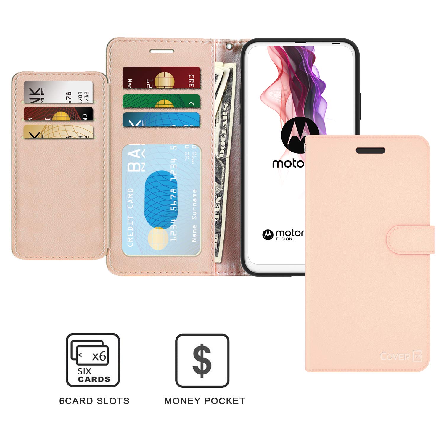 RFID Blocking PU Leather Wallet Case for Motorola Moto One Fusion Plus - Rose Gold Flip Folio Stand Cover with Card Slots | Perfect for Travel, Business & Everyday Use