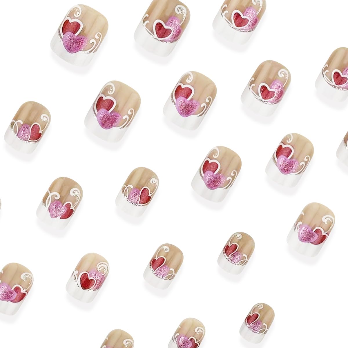24Pcs Valentine's Day Press On Nails - Short Square Fake Nails with White French Tips, Red Pink Glitter & Romantic Heart Designs | Acrylic False Nails for Women | Perfect for Daily Wear, Date Nights, Parties & Special Occasions