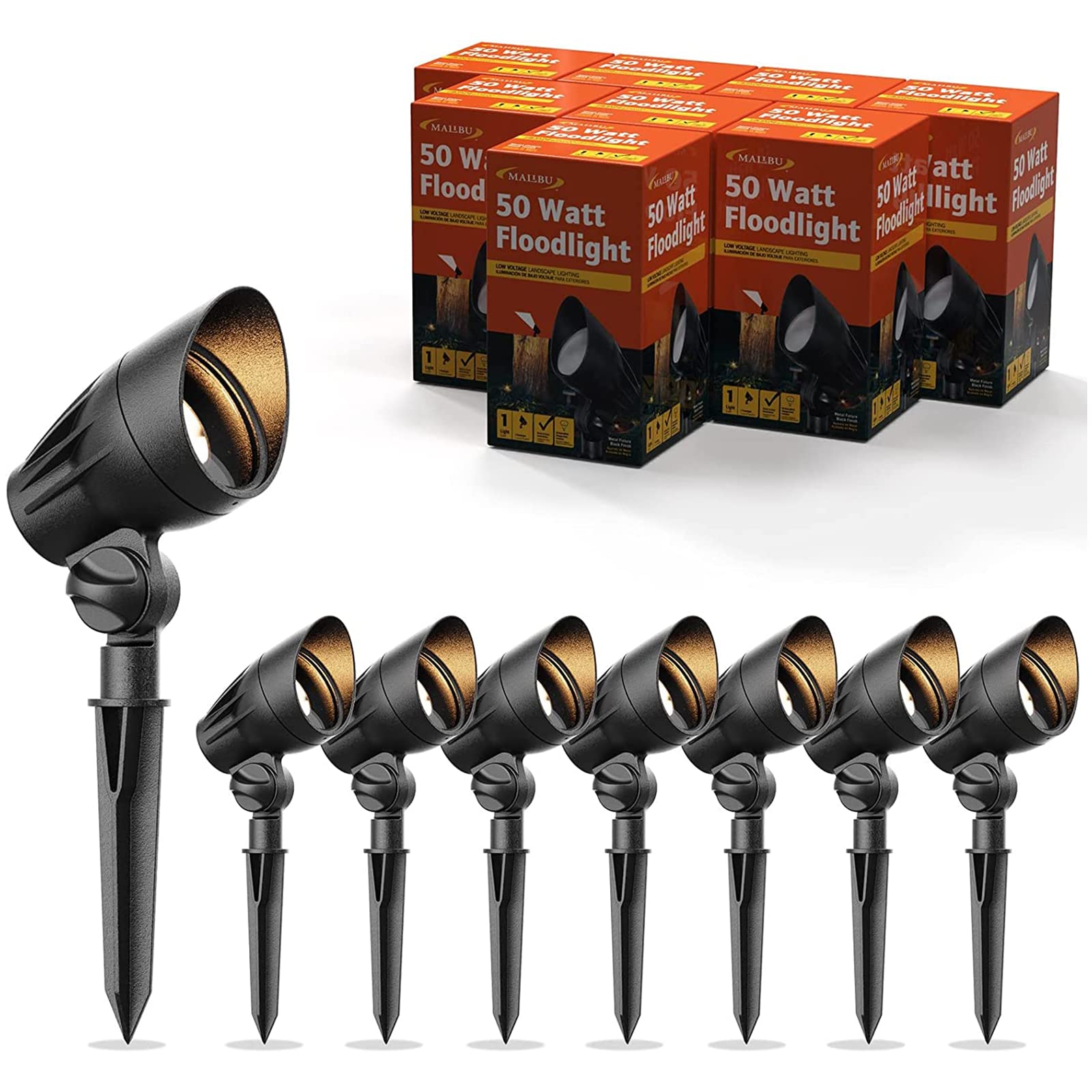Malibu 50W Halogen Outdoor Spot Lights - Waterproof Low Voltage Landscape Lighting with Spike Stand for Garden, Yard, Pathway (8 Pack) - Perfect for Garden Illumination, Pathway Safety & Yard Decor