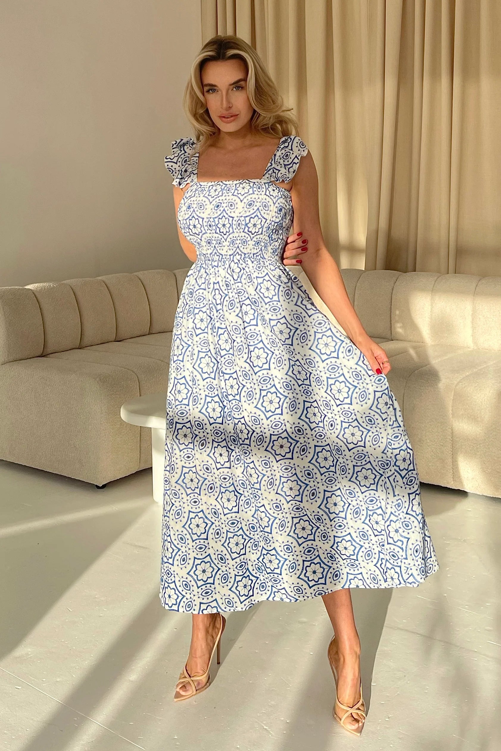 Lara Broderie Anglaise Maxi Dress for Women - Floral Embroidery Summer Beach Dress (Blue) | Perfect for Vacation, Wedding Guest & Boho Outfits