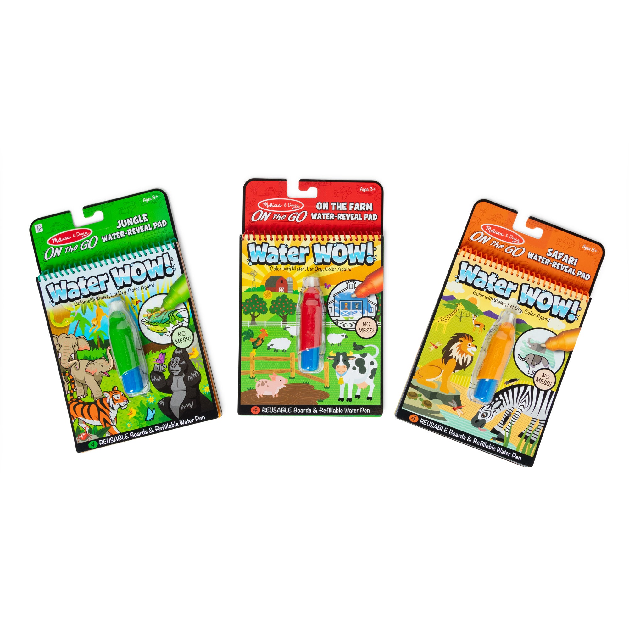 Water Wow! Reusable Water-Reveal Activity Pads - 3 Pack (Jungle, Safari, Farm) for Kids Travel & Quiet Play
