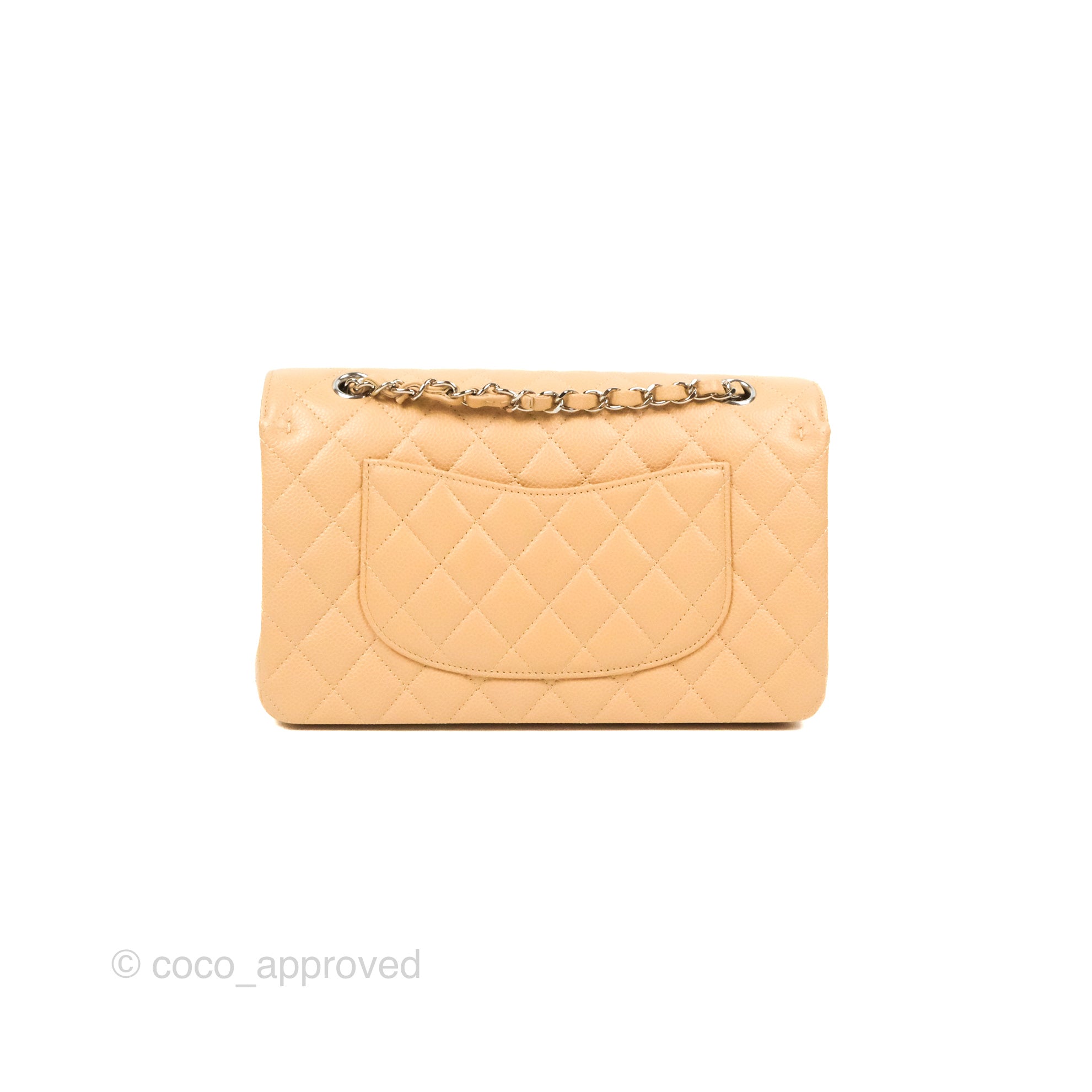 Chanel Classic Medium Double Flap Bag Quilted Beige Caviar Leather with Silver Hardware - Luxury Designer Handbag for Women, Perfect for Work, Evening & Special Occasions