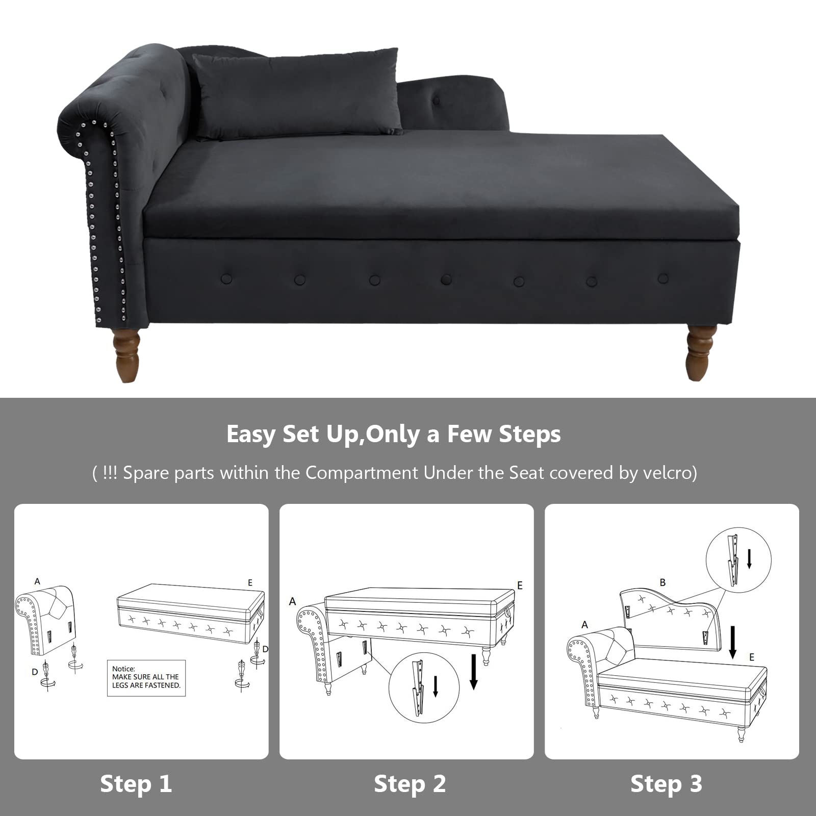 Setawix Velvet Chaise Lounge Chair with Storage - Tufted Ottoman Bench for Living Room, Bedroom & Office - Rolled Arm End of Bed Bench - Window Seat & Entryway Storage Solution (Black) - Perfect for Small Spaces, Reading Nooks & Home Decor