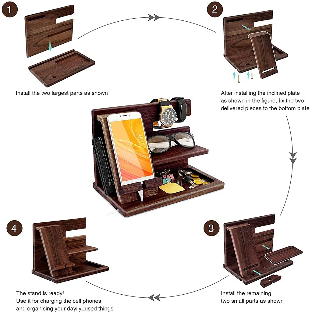 Wooden Bedside Organizer - Phone Holder, Docking Station, Wallet Stand, Watch & Glasses Storage Box for Nightstand | Desk Display Organizer for Home & Office | Perfect Gift for Men - Keep Essentials Organized in Style