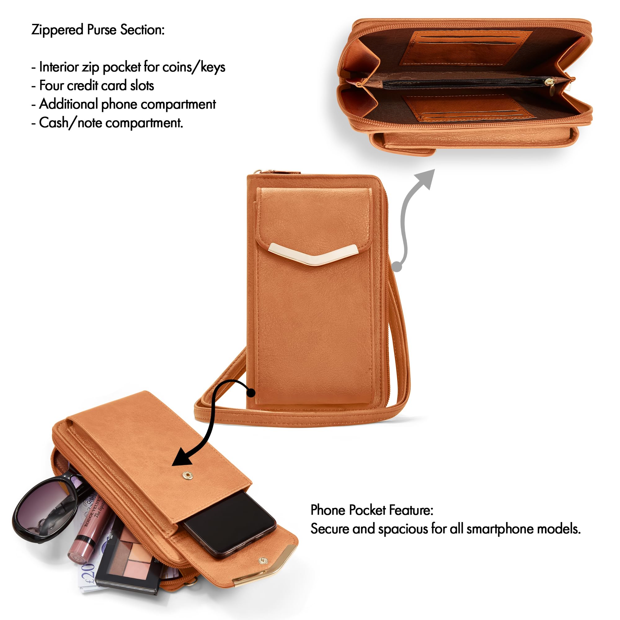 Vegan Leather Crossbody Phone Bag for Women - Anti-Theft Zipper Pocket & Multi-Section Card Holders | Stylish Compact Purse for Everyday Use, Travel & Shopping