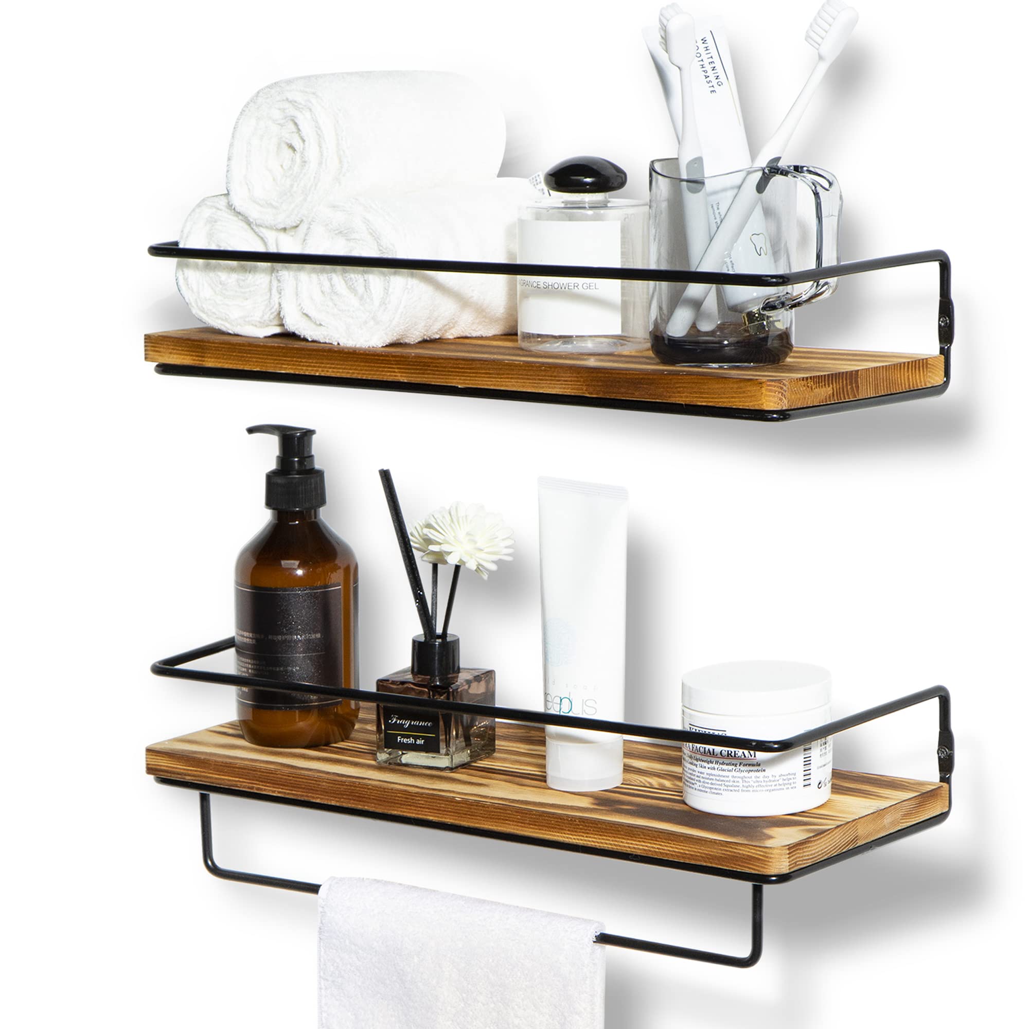 Y&M Floating Shelves Set of 2 - Rustic Wall Mounted Storage Shelf with Removable Towel Rack, Carbonized Pine Wood & Black Metal Frame - Perfect for Bathroom, Bedroom, Office, Kitchen & Entryway Decor - Space Saving Organization for Towels, Books & Decorative Items
