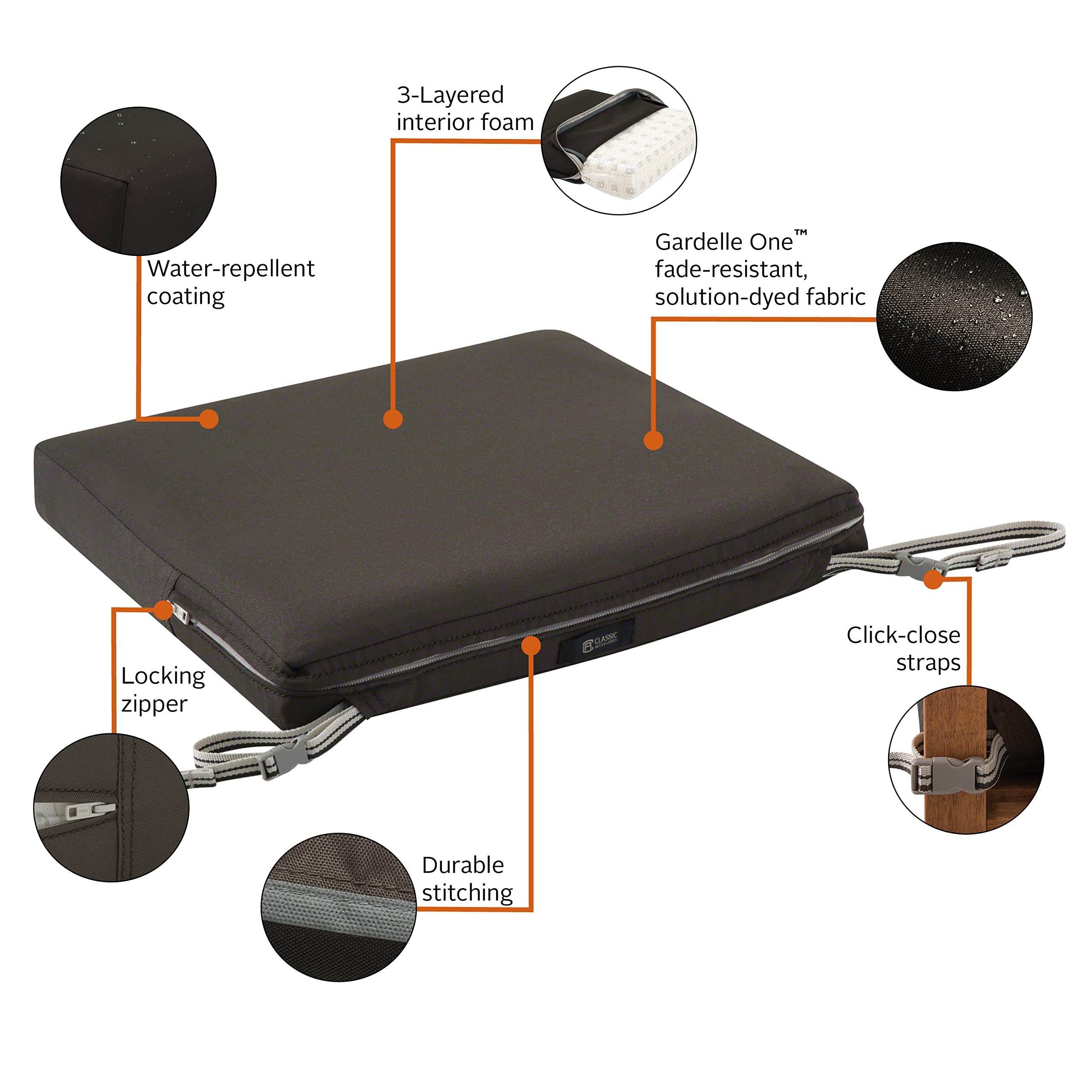 Classic Accessories Ravenna Water-Resistant 17x15x2 Inch Patio Seat Cushion in Espresso - Perfect for Outdoor Chairs, Loungers, and Garden Furniture