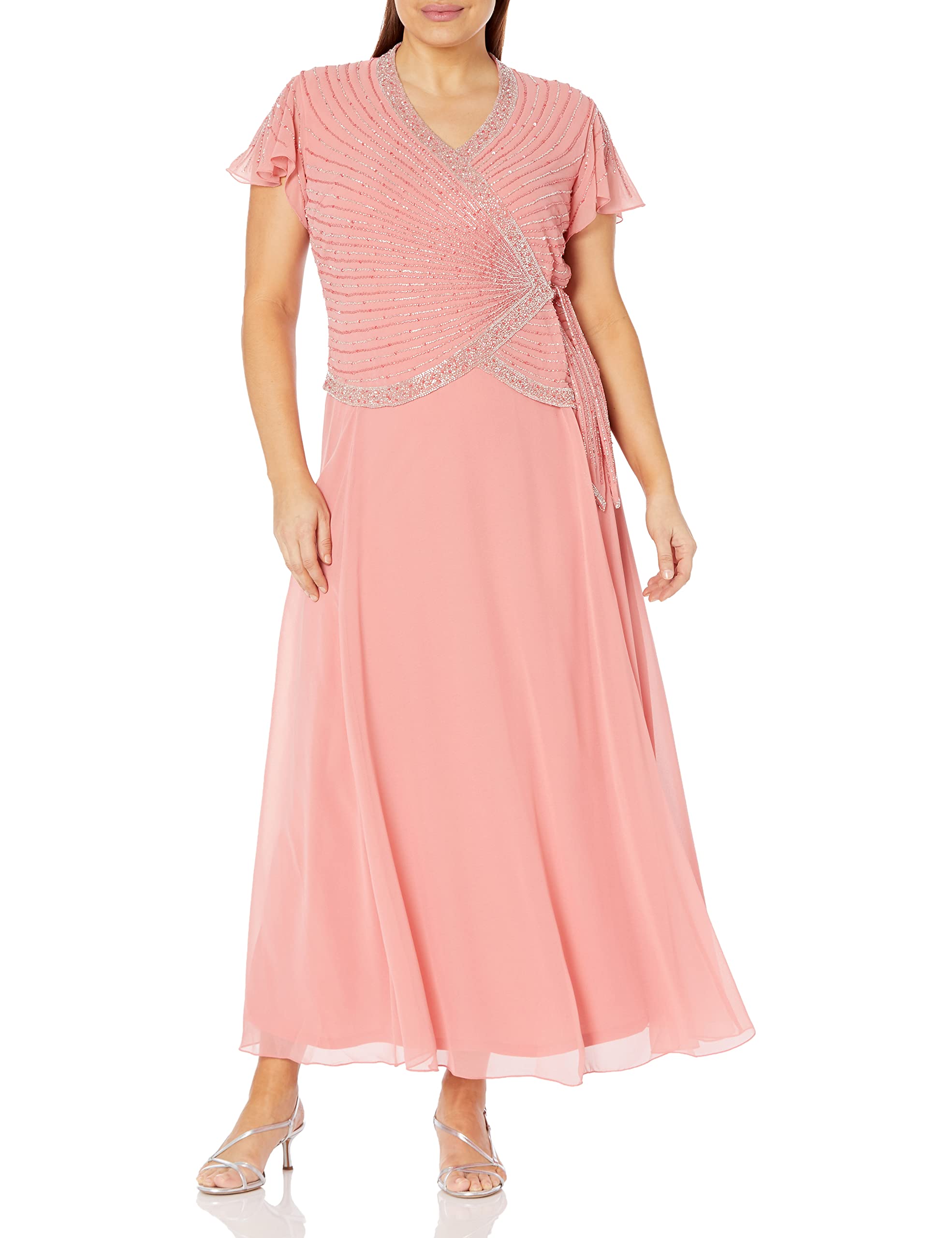 J Kara Women's Plus Size Faux Wrap Long Dress with Flutter Sleeves - Elegant Formal & Casual Wear for Weddings, Parties & Office