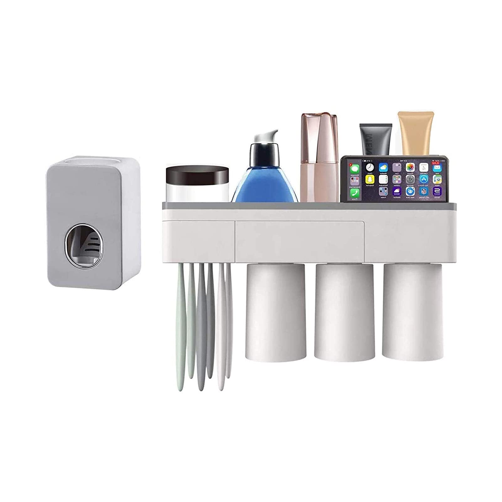 Wall Mounted Toothbrush Holder with Automatic Toothpaste Dispenser - 6 Toothbrush Slots with Cover, 3 Magnetic Cups & Cosmetic Organizer Drawer - Perfect for Bathroom Organization and Space Saving (3 Cups)