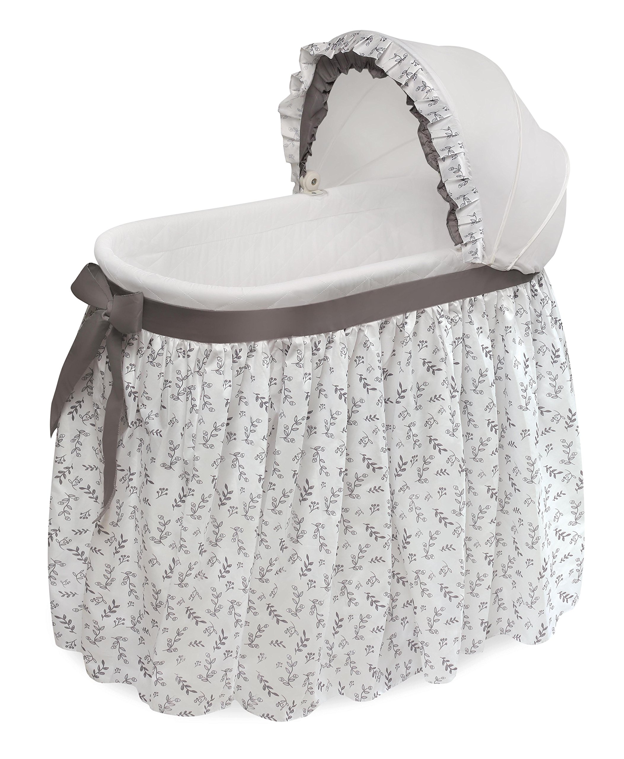 Badger Basket Wishes Rocking Baby Bassinet - Heirloom Quality Bedside Sleeper with Soft Bedding, Comfortable Pad & Storage Basket - Gray/Leaf Design - Perfect for Nursery, Bedroom & Travel Use