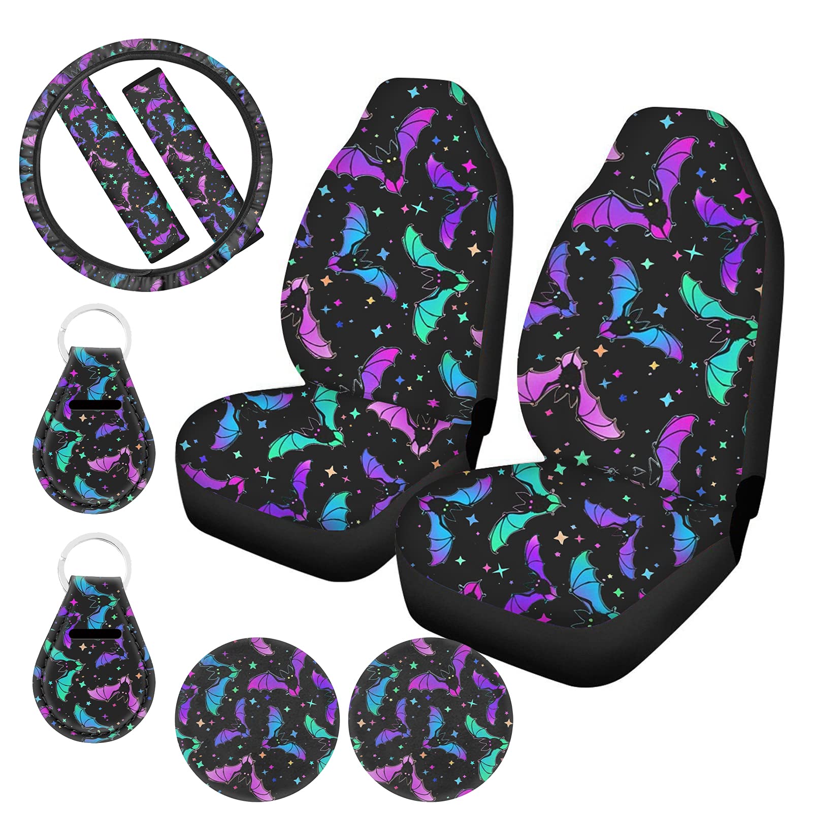 WELLFLYHOM 9-Piece Car Interior Accessories Set - Colorful Bat Print Seat Covers, Steering Wheel Cover, Seat Belt Covers, Keychains & Cup Holders for Women & Men | Universal Fit for Cars, SUVs & Trucks | Perfect for Halloween Decor, Themed Parties & Unique Gift Ideas