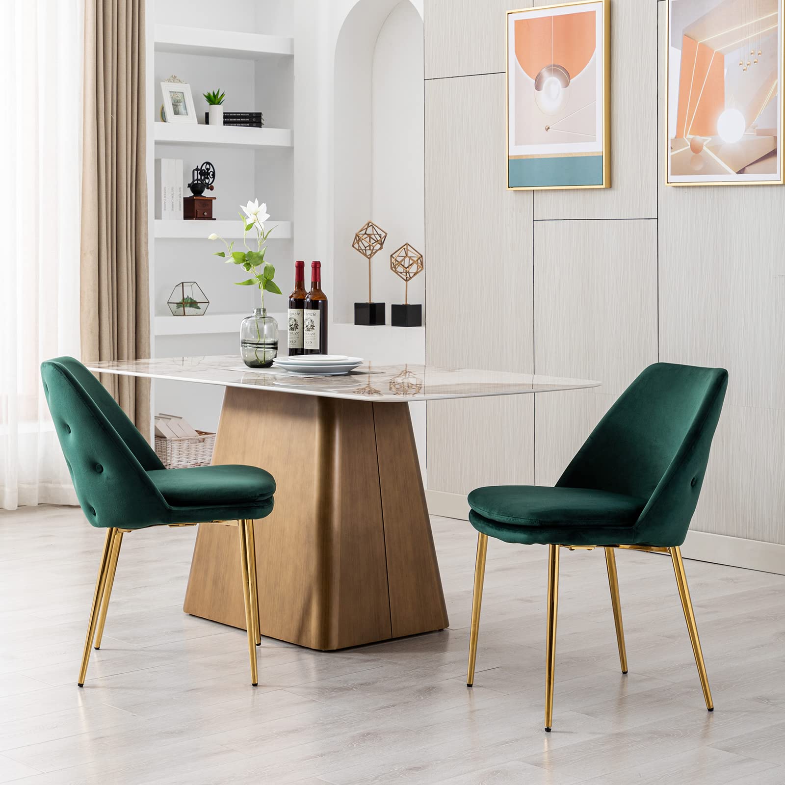 ZSARTS Velvet Gold Accent Chairs Set of 2 - Modern Green Upholstered Tufted Button Dining Chairs for Kitchen, Living Room, Dining Room & Reception - Luxury Home Decor & Office Seating (Green)