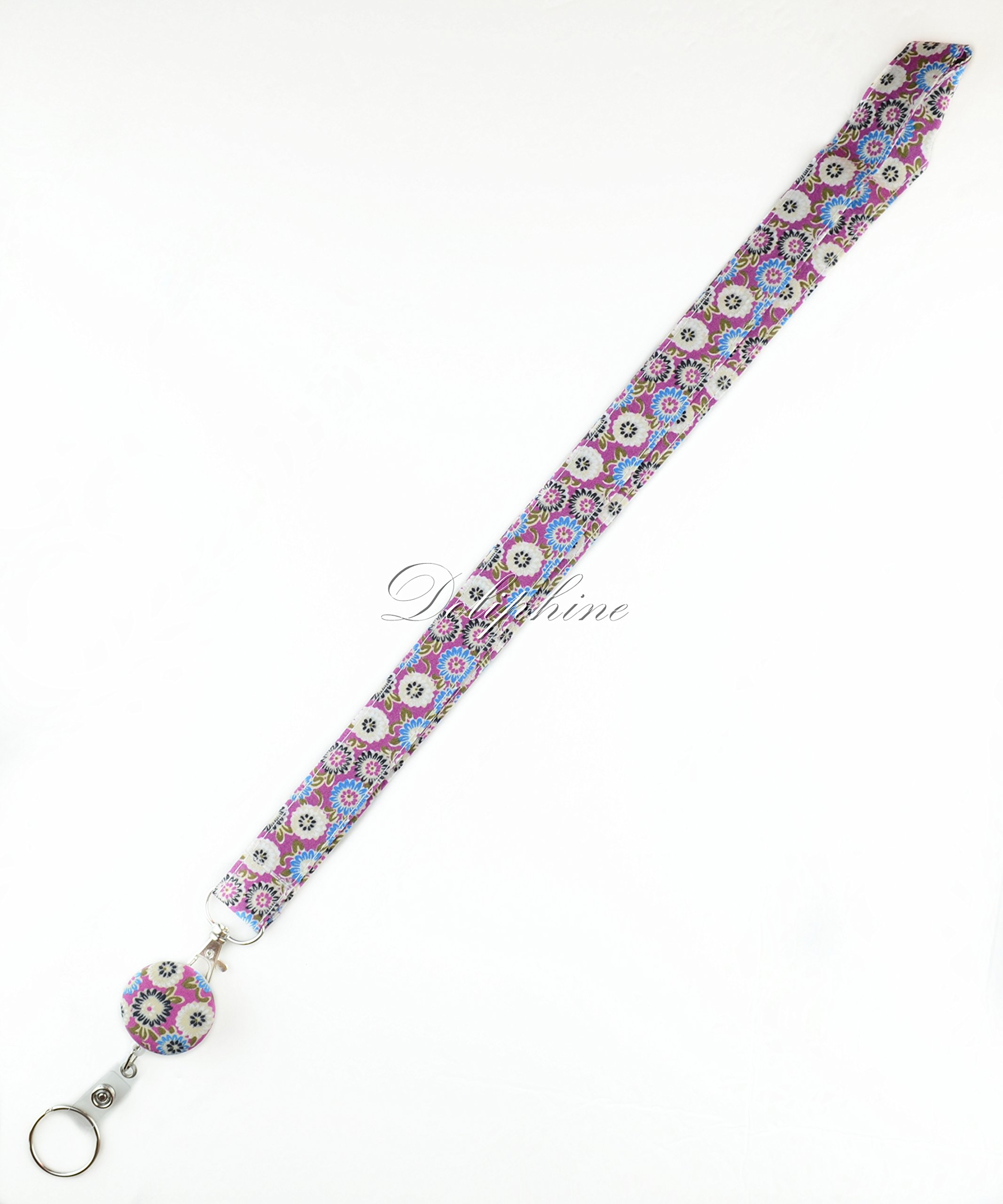 Double Layer Classic Fabric Neck Lanyard with Retractable Reel - Keychain & ID Badge Holder for Keys, Cell Phone & Work Accessories (Flower Purple) | Perfect for Office, School, Events & Conventions