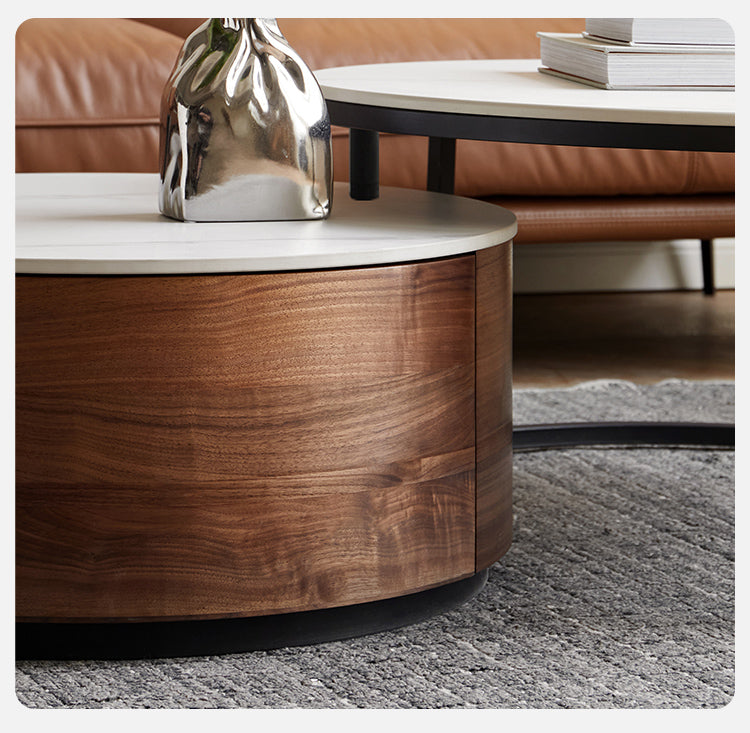 Premium Black Walnut Solid Wood Round Coffee Table - Modern Luxury Rock Plate Design for Living Room, Lounge & Office Decor