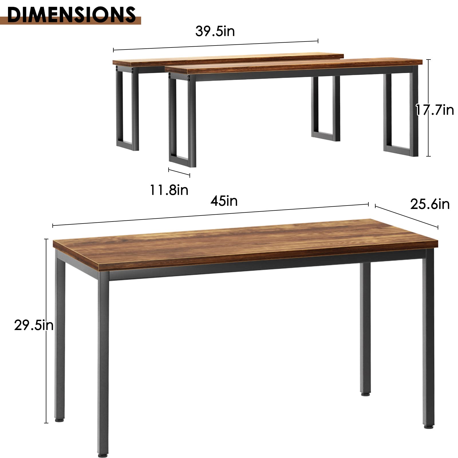 Soges 3-Piece Industrial Style Wooden Kitchen Table Set with 2 Benches - Dining Room Table for 4, Breakfast Nook & Coffee Table - Perfect for Small Spaces, Apartments & Farmhouse Kitchens