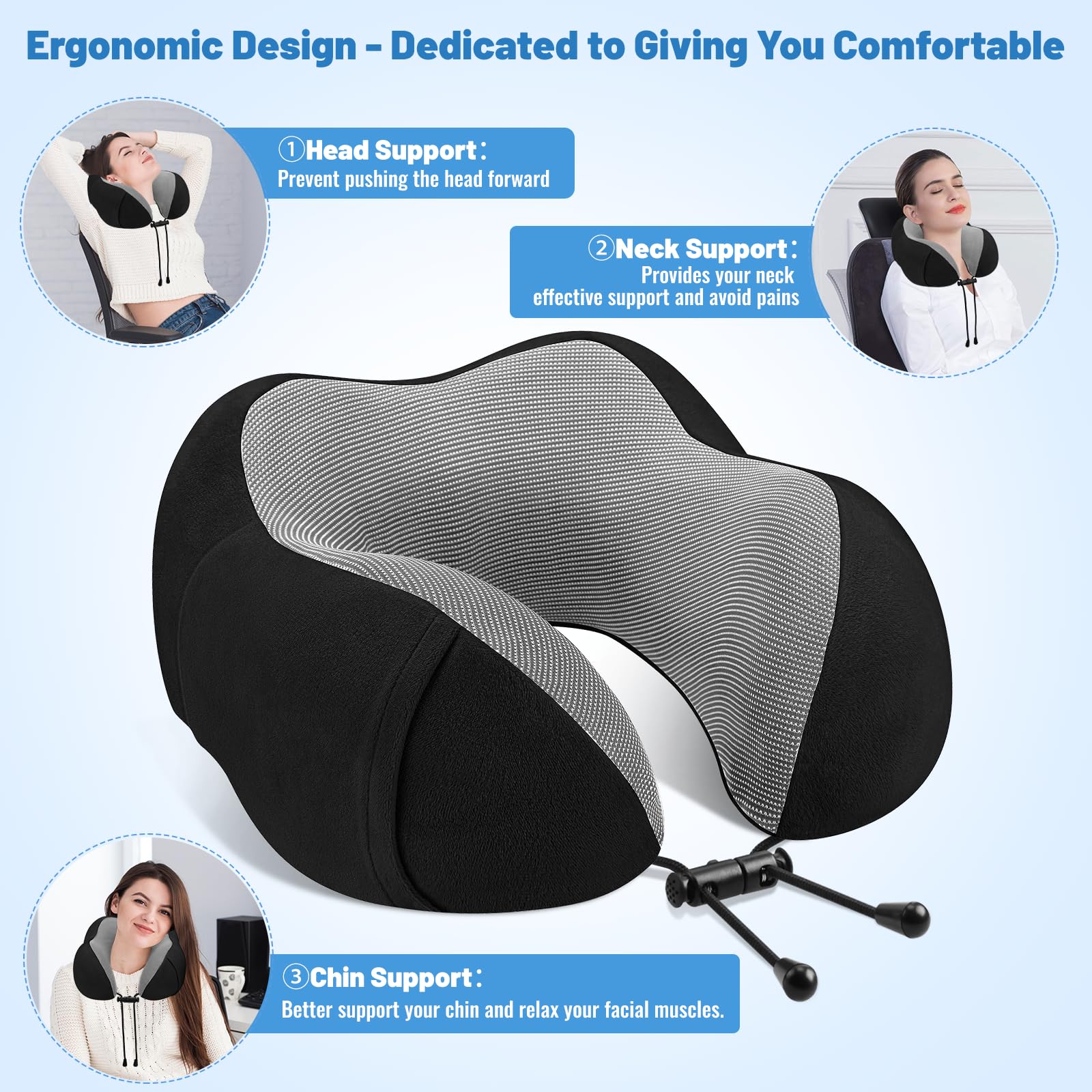 Premium Memory Foam Travel Neck Pillow - CloudBliss Comfortable & Supportive Sleeping Pillow for Airplane, Car, Office & Home Use - Perfect for Long Flights, Road Trips & Power Naps (Black)