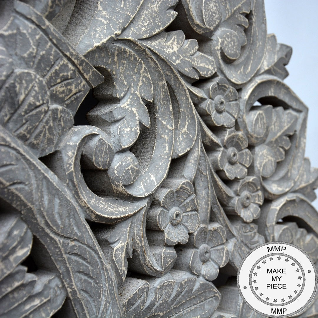 Hand Carved Indian Wooden Round Wall Decor Panel - Traditional Grey Wood Art for Home & Office Decoration | Perfect for Living Room, Bedroom, and Meditation Spaces