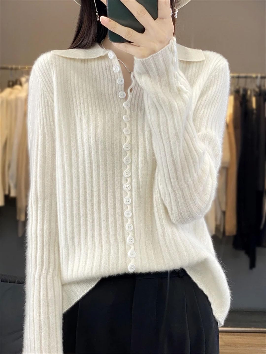 Women's Cashmere Knit Cardigan - Soft Wool Sweater with Turn-Down Collar for Winter & Spring | Cozy Layering Piece for Office, Dating & Casual Outfits