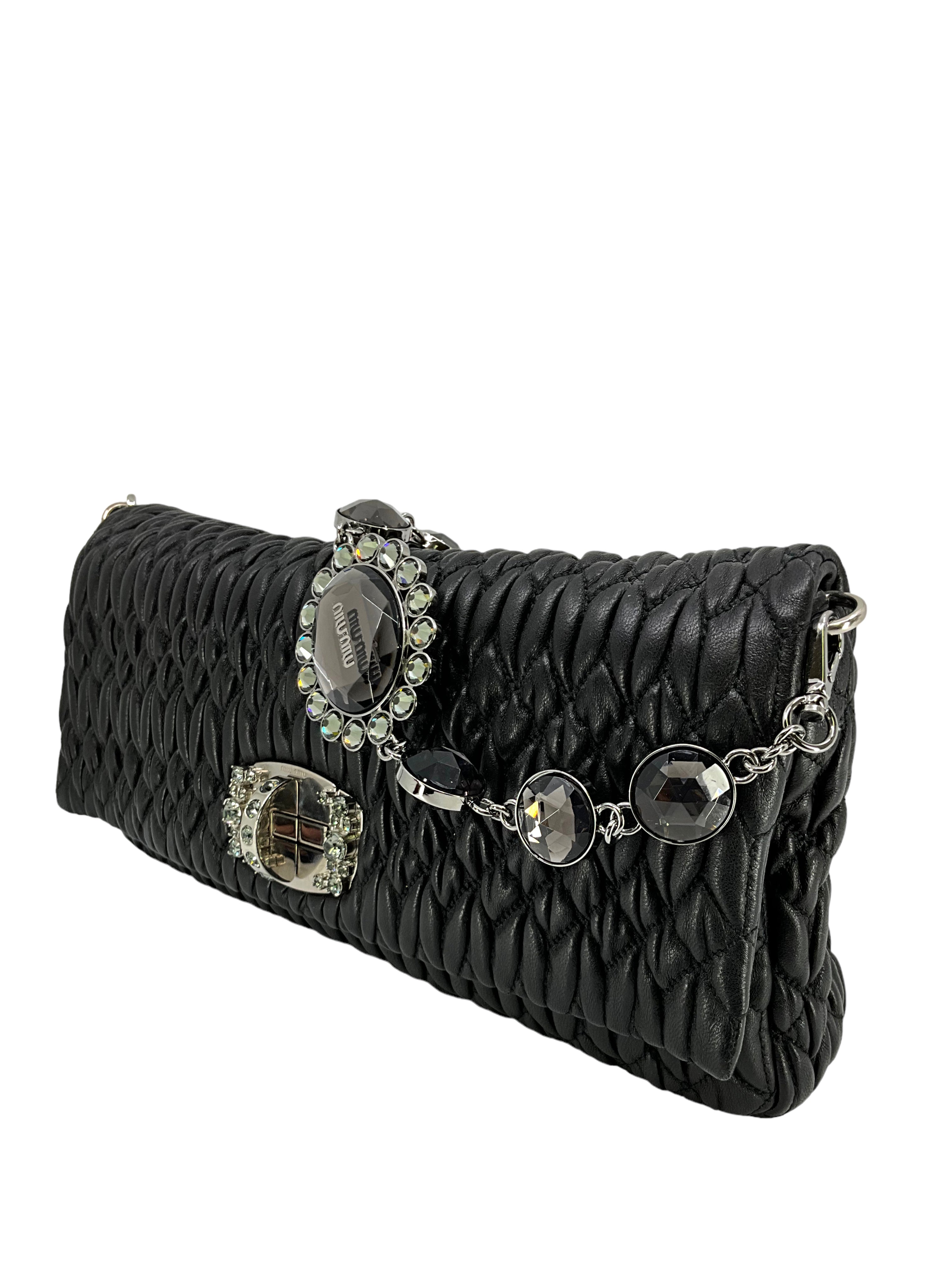 Miu Miu Cloqué Nappa Leather Crystal Flap Bag - Luxury Designer Crossbody Purse for Women | Perfect for Parties, Date Nights & Special Occasions