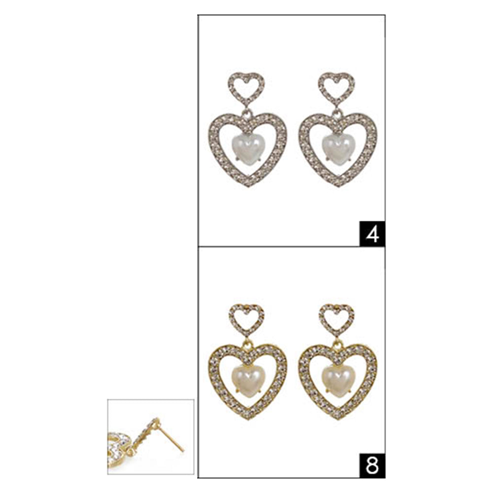 12 Pairs Heart Pearl Pointed Stone Paved Open Heart Dangle Earrings for Women - Elegant Bridal Jewelry, Wedding Party Accessories, Valentine's Day Gift
