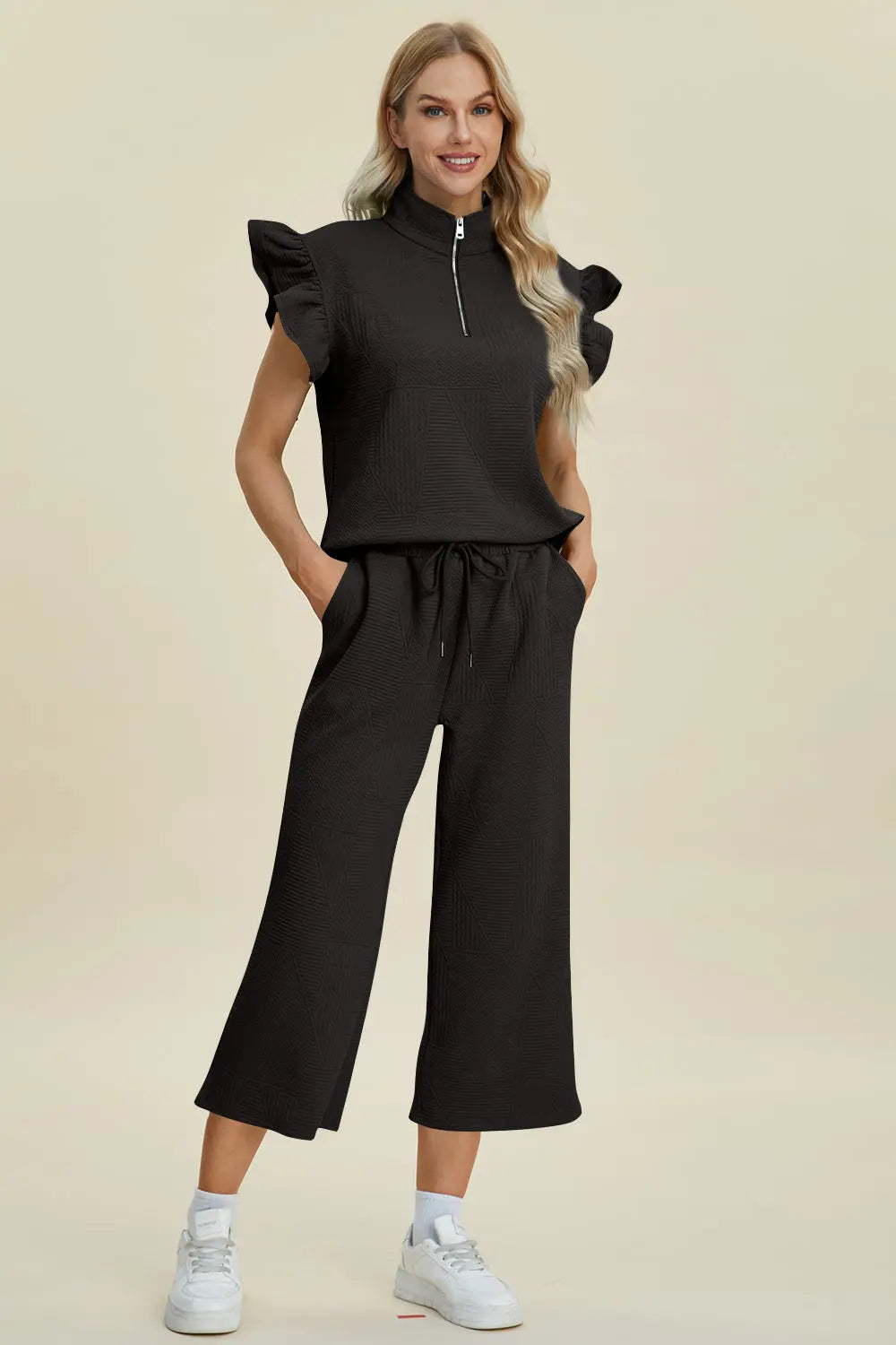 Double Take Women's Full Size Textured Ruffle Short Sleeve Top & Wide Leg Pants Set | Casual Outfit for Summer, Beach, Date Night & Office Wear
