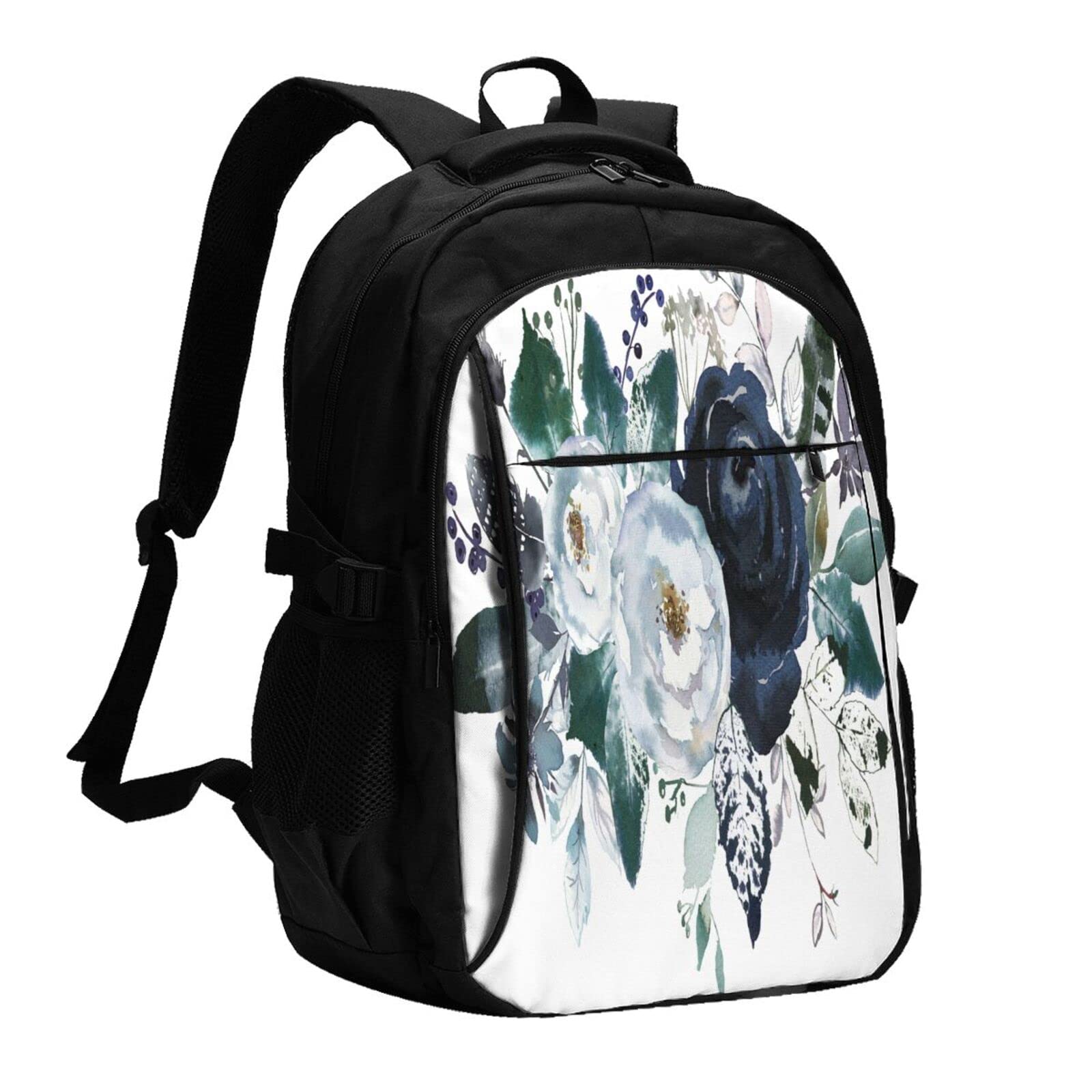Wozukia Large Capacity Watercolor Floral Backpack - Boho Style with Roses & Peonies Design in White, Grey, Indigo Blue - USB Charging Port, Multi-Pocket Laptop Travel Backpack for Women | Perfect for College, Work Commute & Weekend Getaways