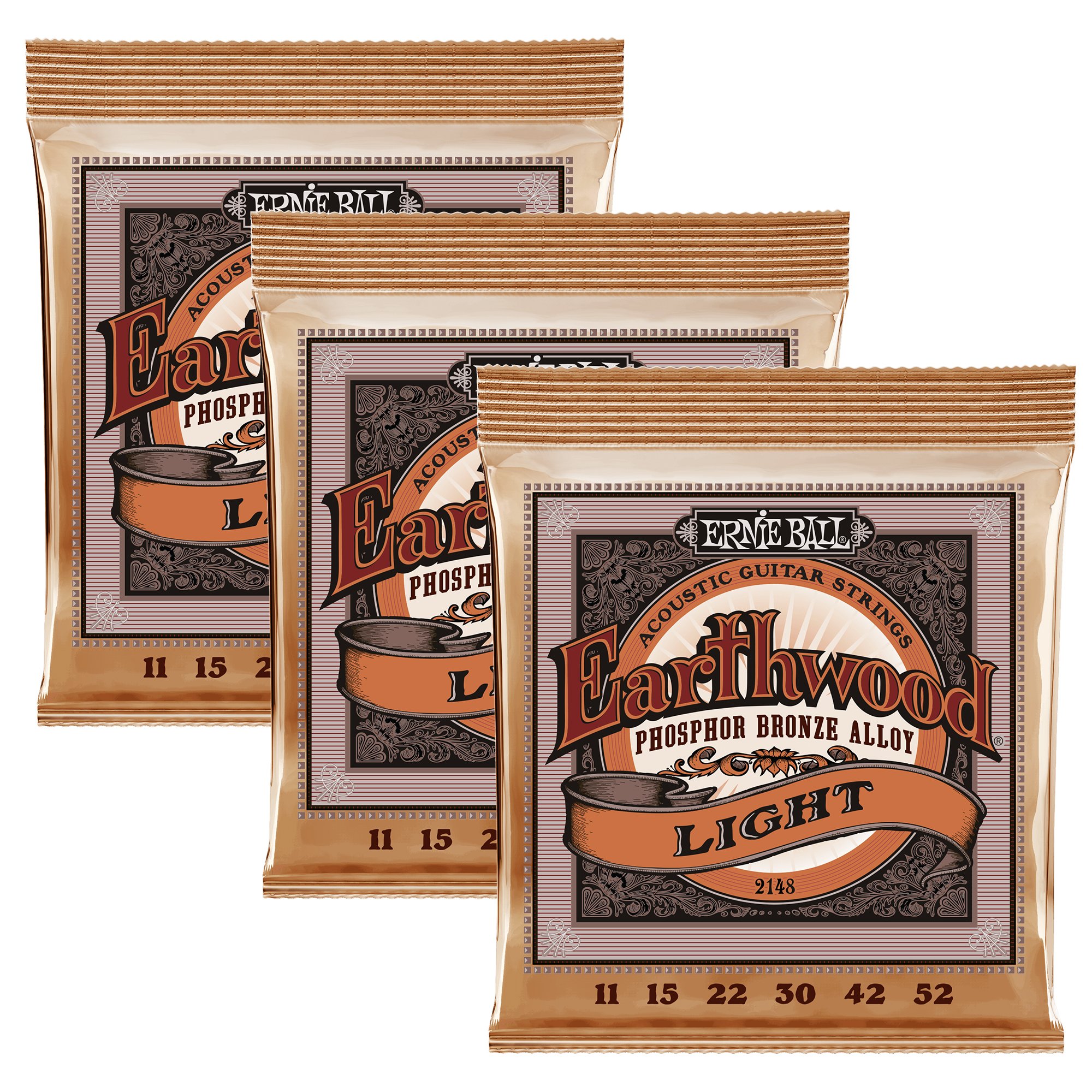 Ernie Ball Earthwood Light Phosphor Bronze Acoustic Guitar Strings 3-Pack (11-52 Gauge) - Warm Balanced Tone for Folk, Country & Fingerstyle Playing - P03448