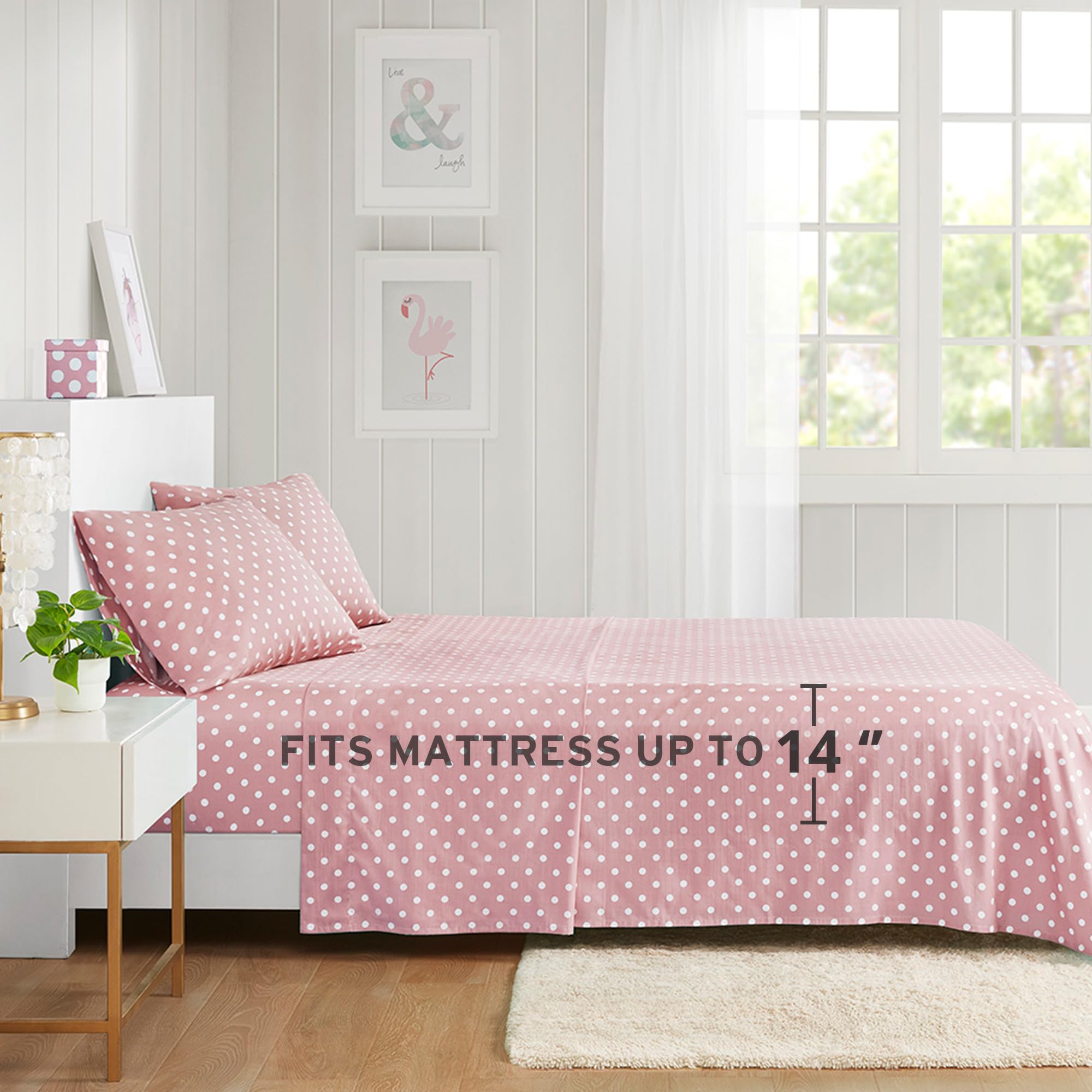 Mi Zone Pink Queen Size Sheet Set for Kids & Girls - 100% Cotton Percale Soft Polka Dot Bedding Set (Flat Sheet, Fitted Sheet, Pillowcase) | Breathable All-Season Comfort | Fits 14