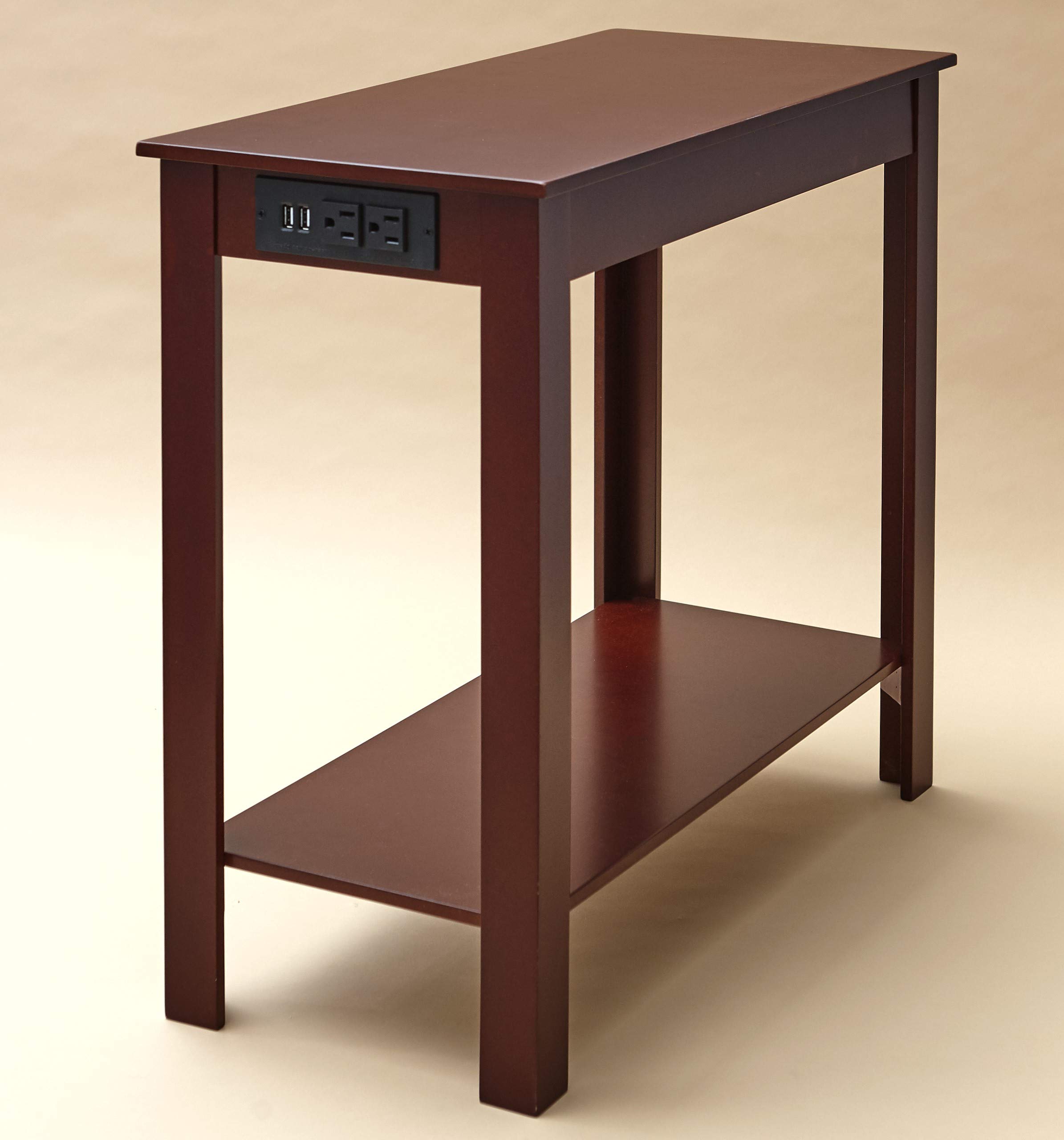 Modern Slim Side Table with Power Outlets & USB Ports - Walnut Storage Shelf - Perfect for Living Room, Bedroom, or Office Use