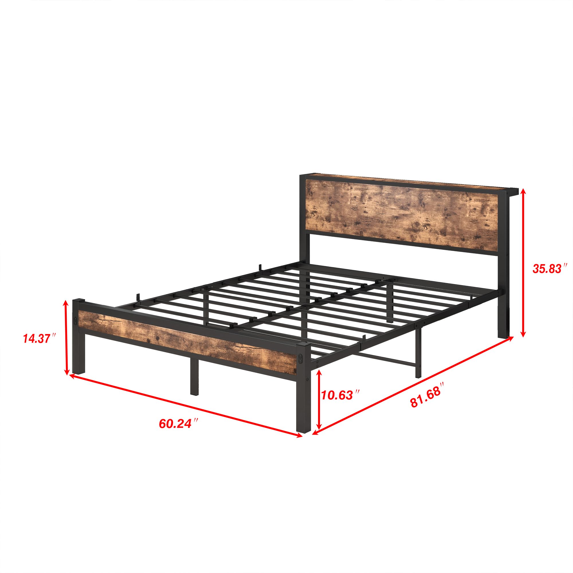 DUMEE Queen Size Bed Frame with Wood Storage Headboard - Sturdy Metal Platform Bed Foundation, No Box Spring Needed, Noise Free, Black & Rustic Brown - Perfect for Small Bedrooms, Guest Rooms & Modern Apartments