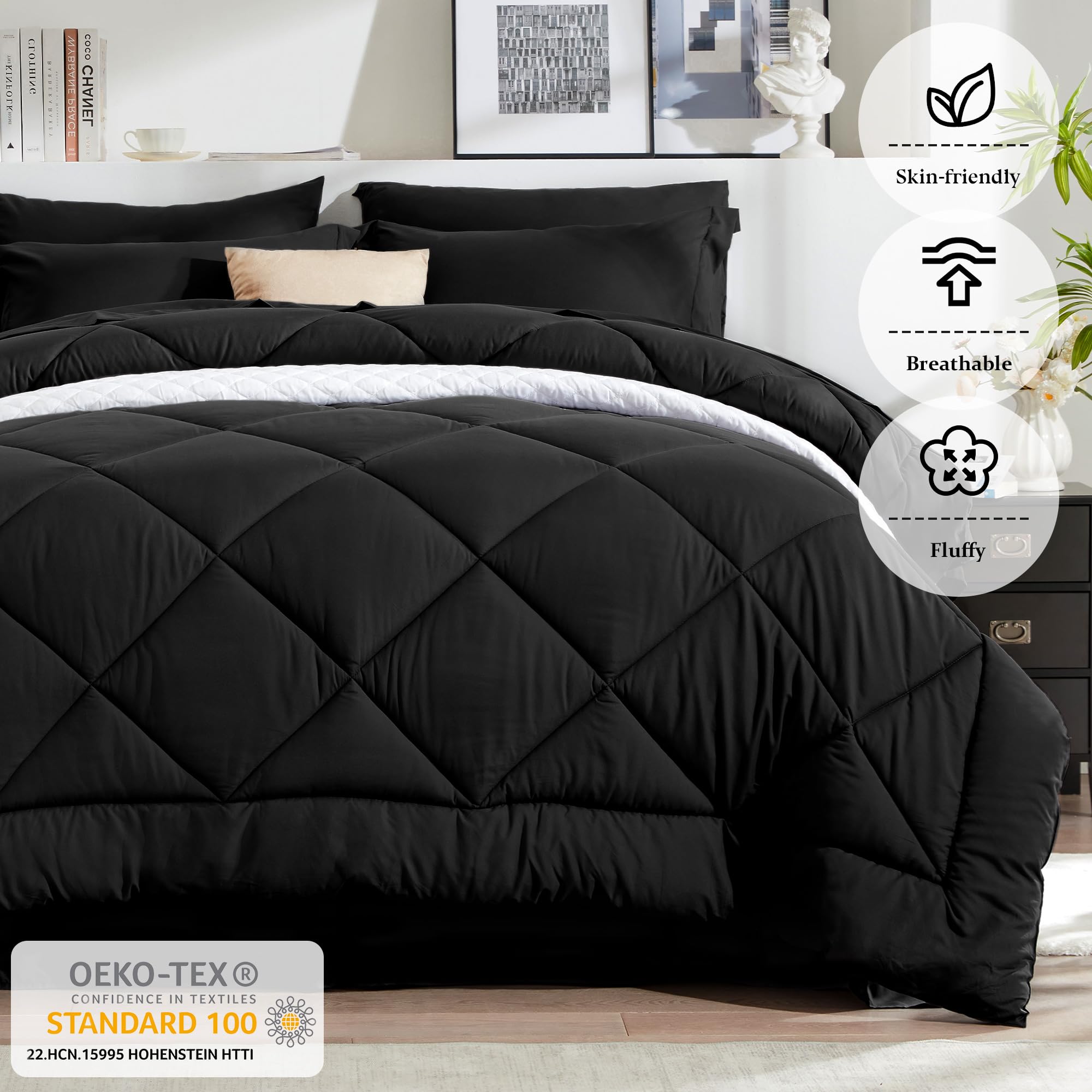 Newspin 8-Piece Full Bed in a Bag Comforter Set - All Season Black Bedding Set with Comforter, Sheets, Pillow Shams & Bed Skirt | Soft & Cozy for Year-Round Comfort | Perfect for Master Bedroom, Guest Room or Dorm