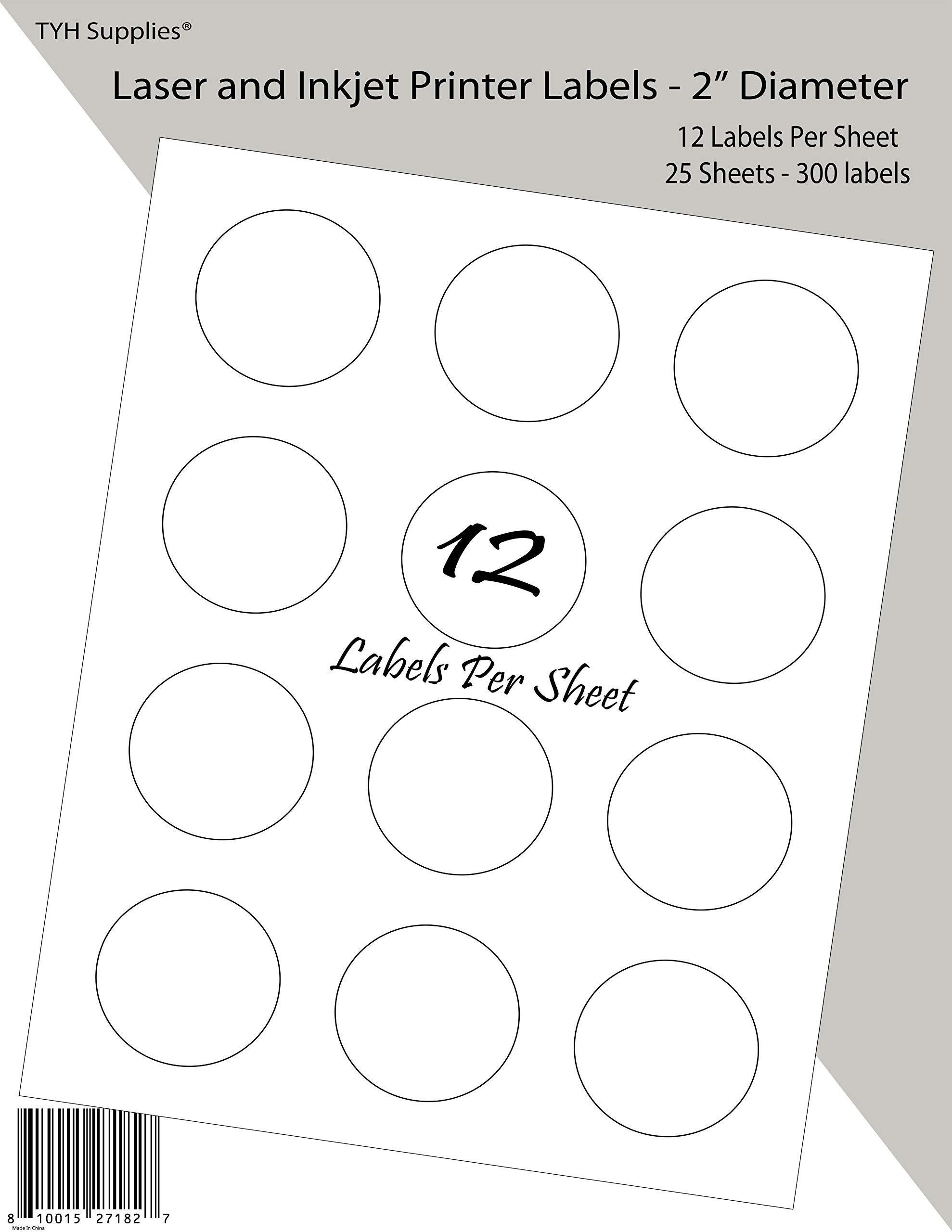 TYH Supplies White Matte Round Printer Labels 2 Inch Diameter - 300 Labels for Laser & Inkjet Printers - Strong Adhesive - Compatible with Avery 22877, 22817, 22807 Template - Perfect for Address Labels, Jar Labels, and Organizing Storage Containers